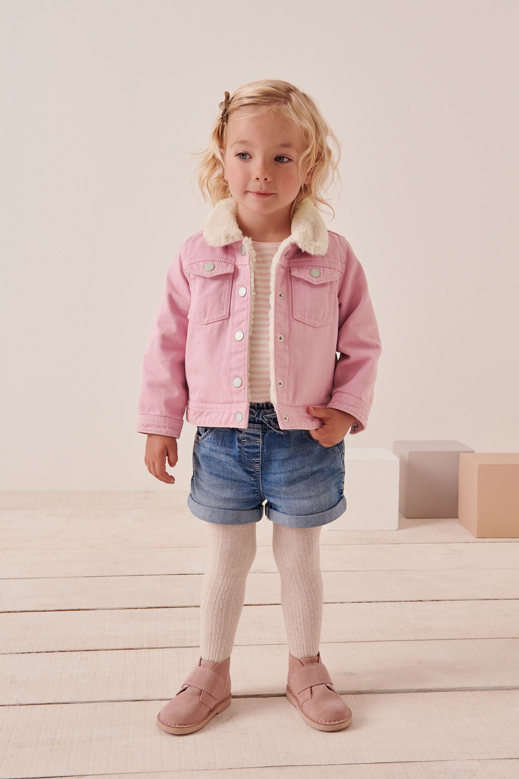 Pink Faux Fur Collar Lined Denim Jacket (12mths-7yrs)