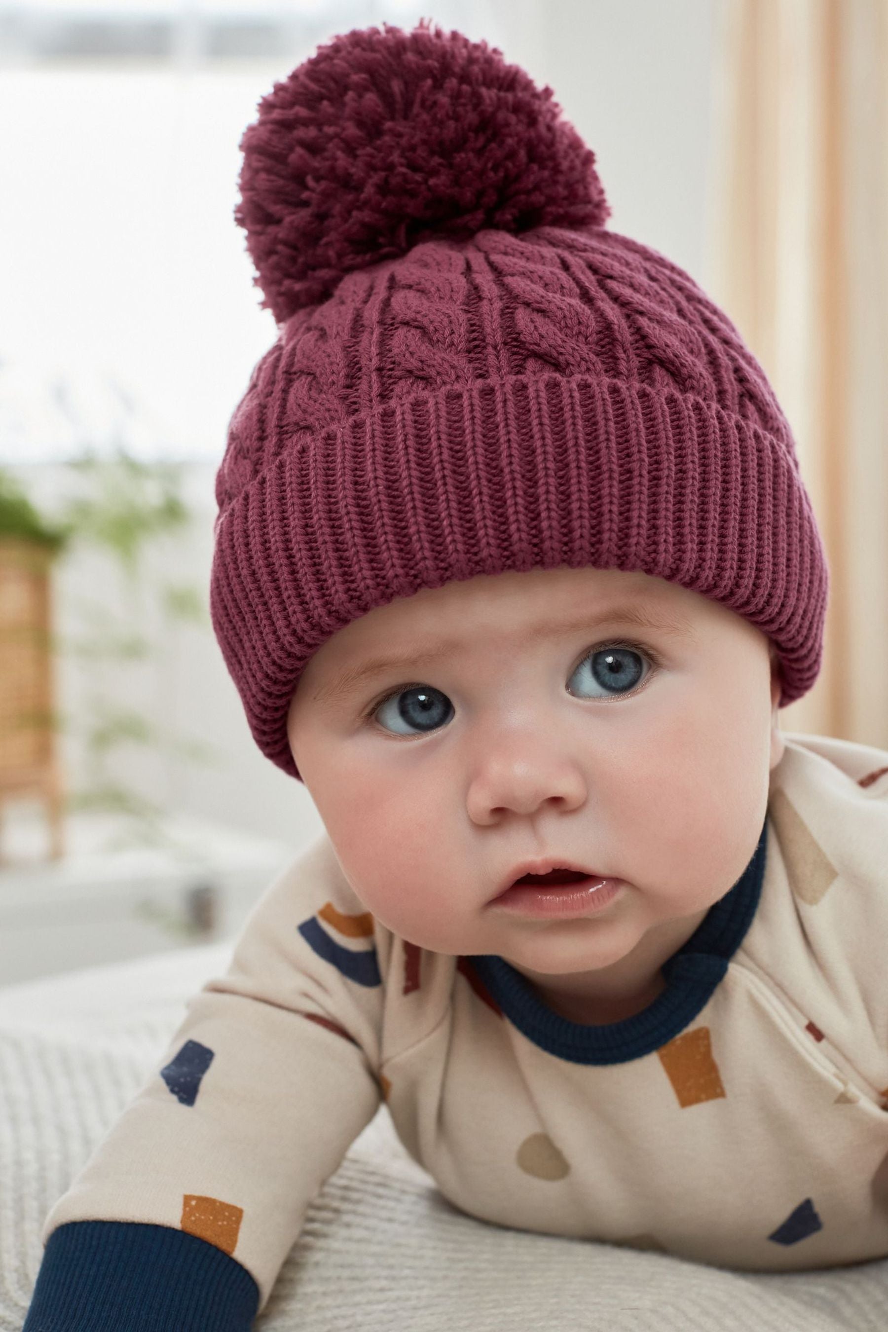 Plum Purple Baby Knitted Pom Hat (0mths-2yrs)