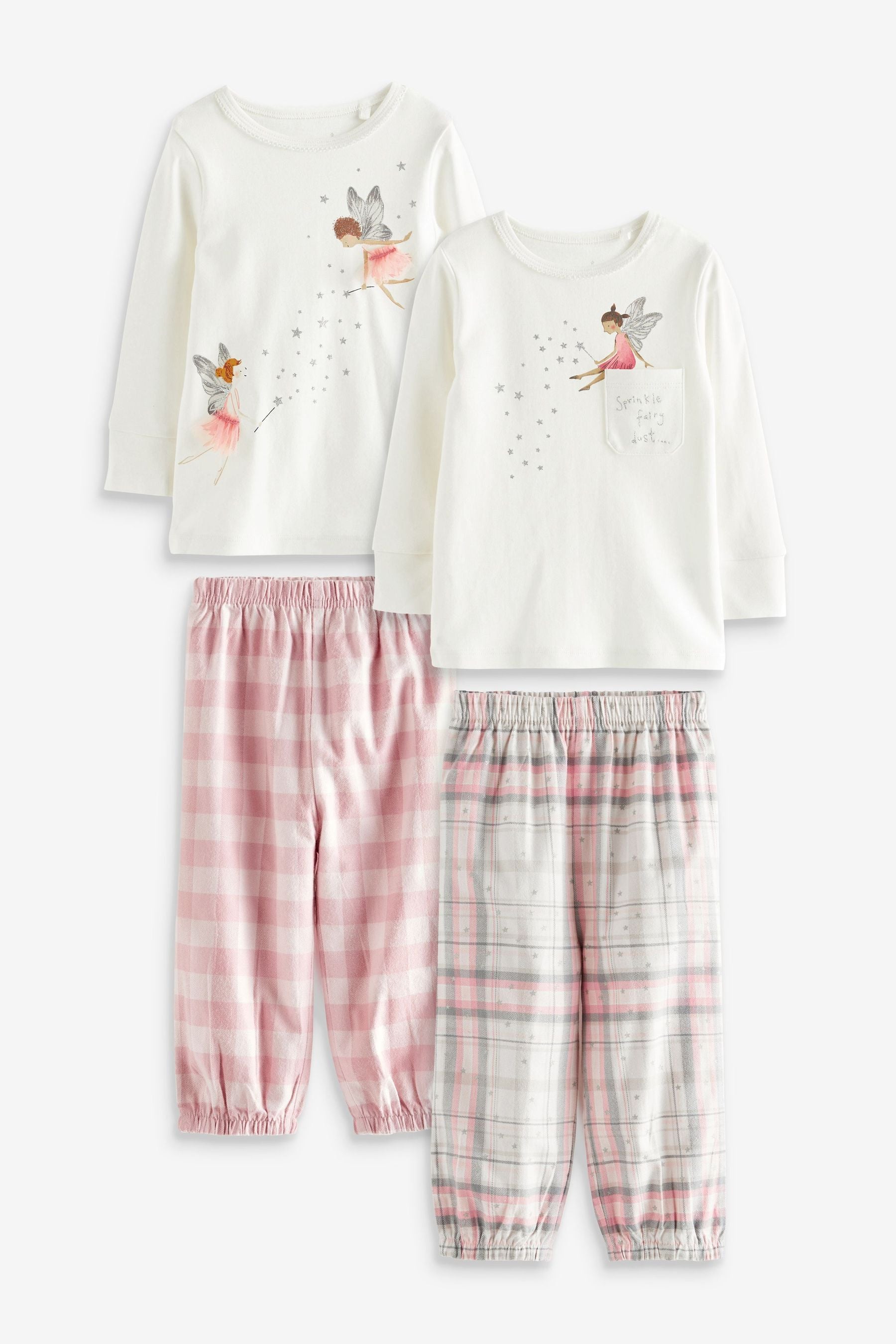 Ecru White/Pink Fairy 2 Pack Woven Bottom Pyjamas Joggers (9mths-8yrs)