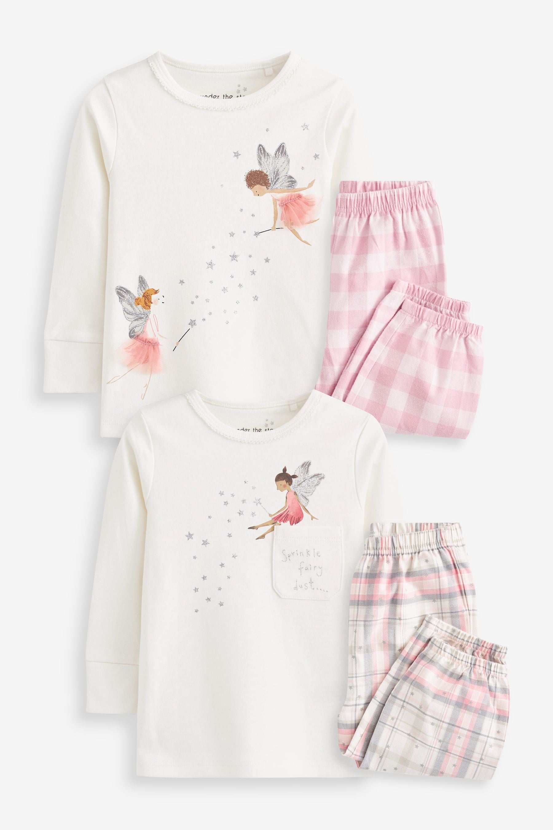 Ecru White/Pink Fairy 2 Pack Woven Bottom Pyjamas Joggers (9mths-8yrs)