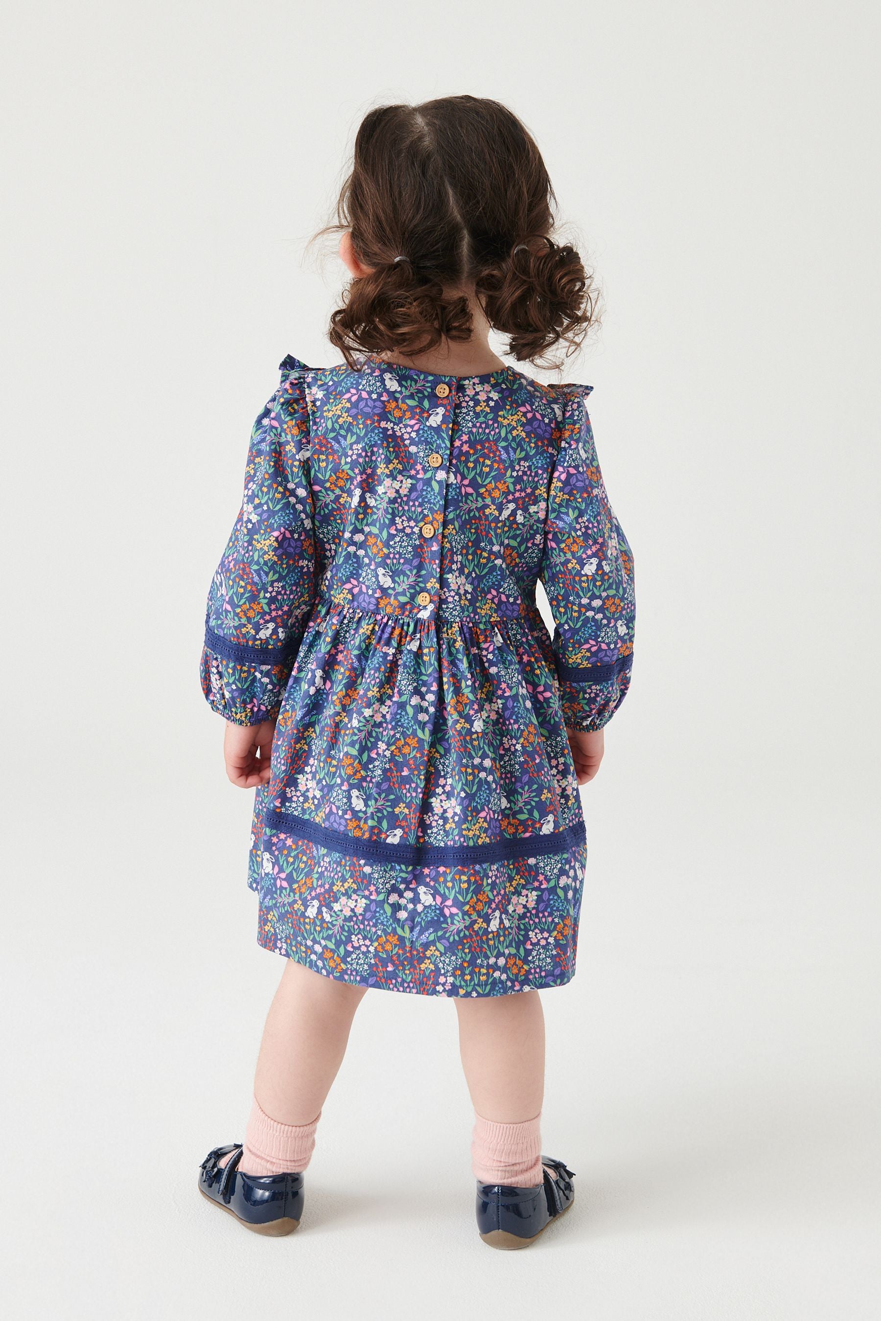 Multi Navy Printed Lace Trim Dress (3mths-7yrs)