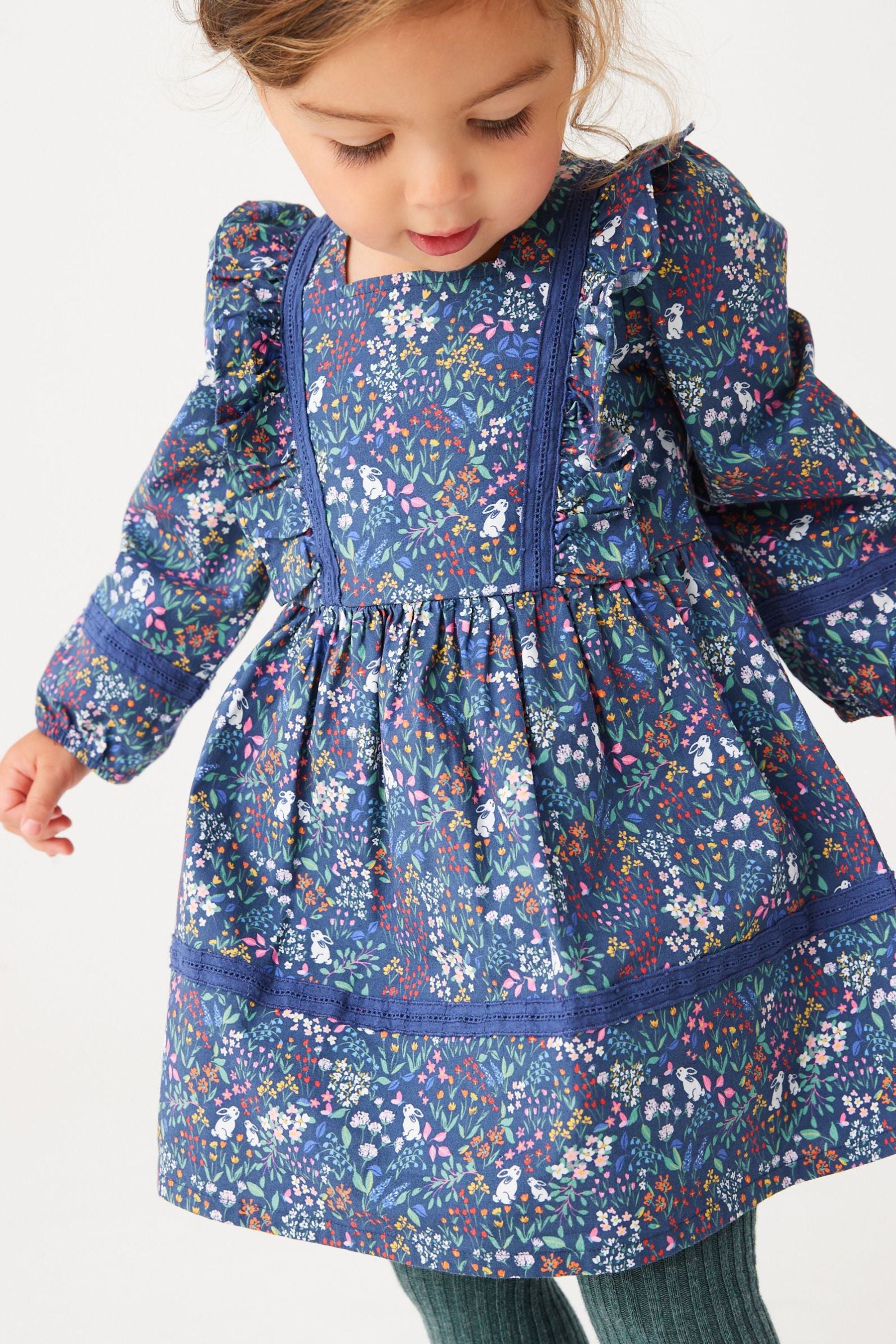 Multi Navy Printed Lace Trim Dress (3mths-7yrs)