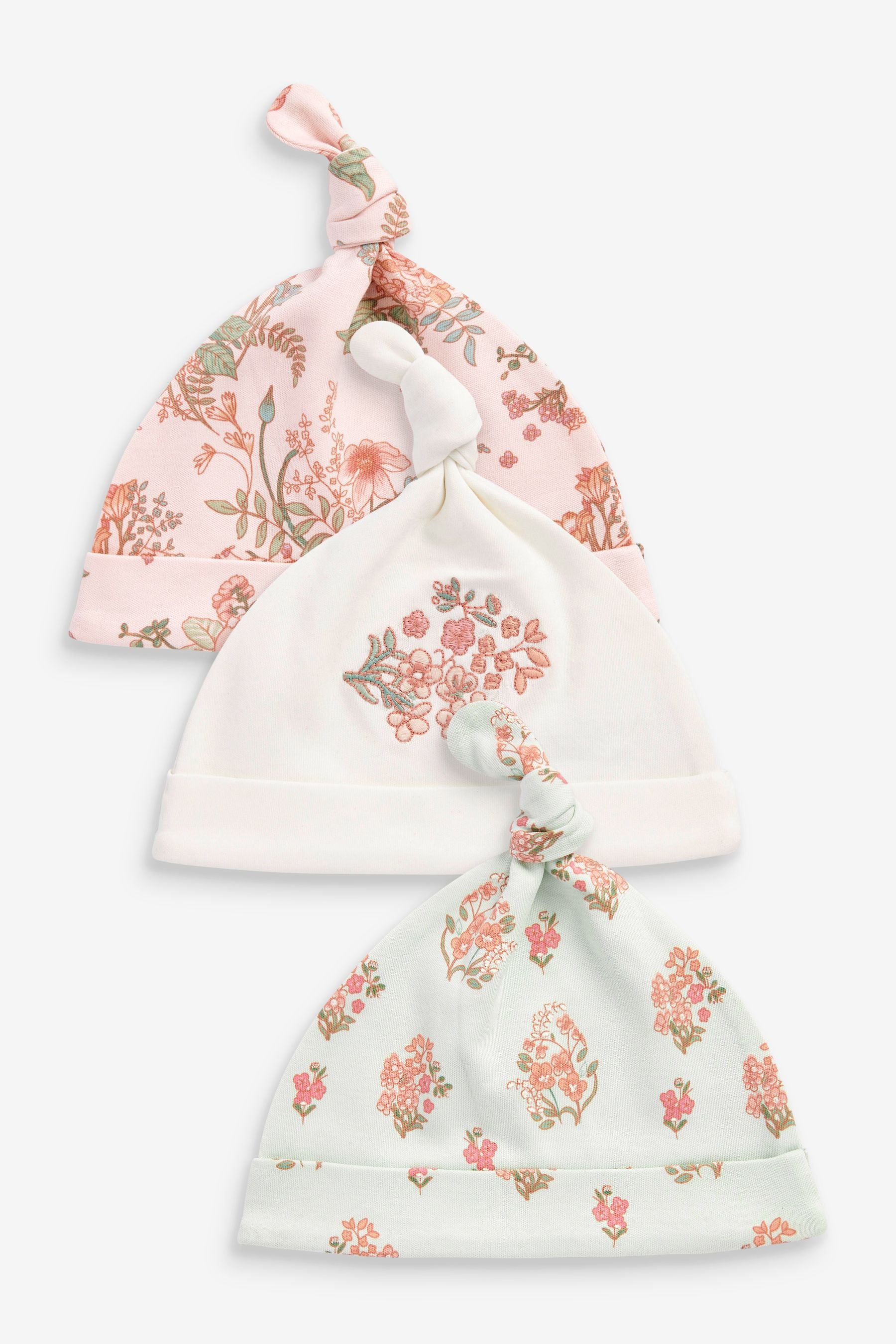 Pink/White Floral Baby Tie Top Hat 3 Packs (0-18mths)