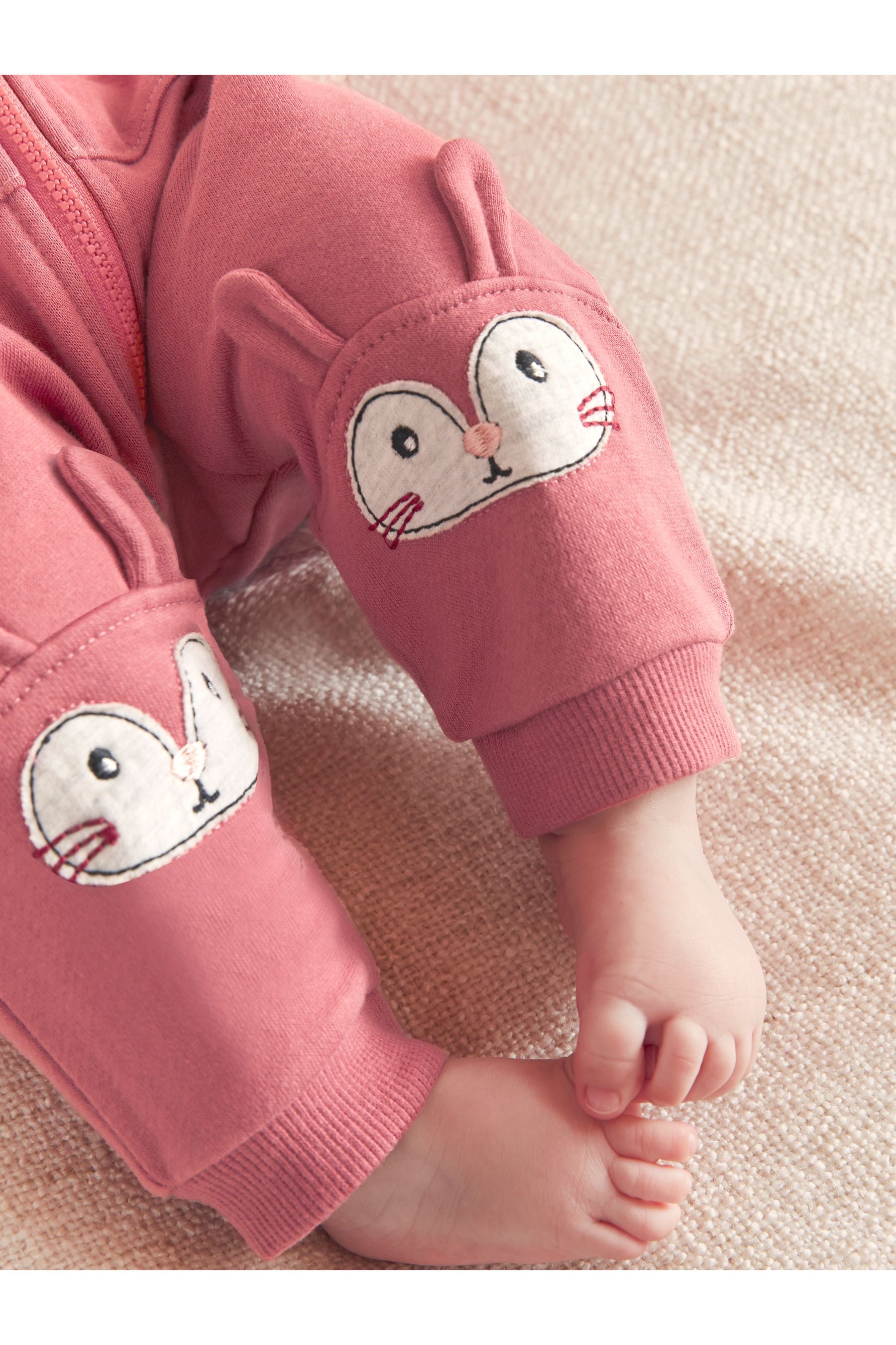 Pink FatFace Baby Crew Pink Bunny Zip Through Sweat Rompersuit