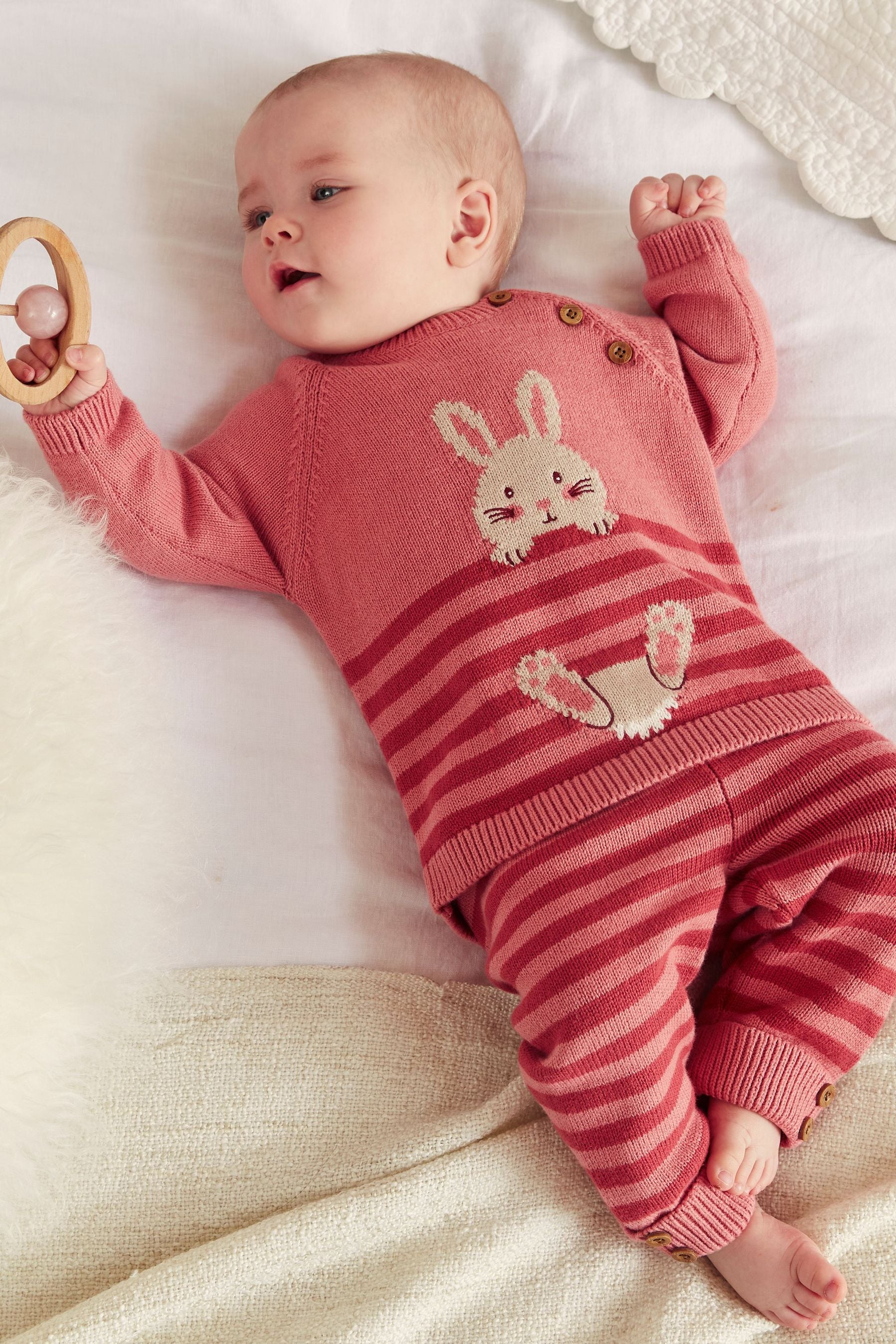 Pink FatFace Pink Knit Bunny Jumper And Leggings Set