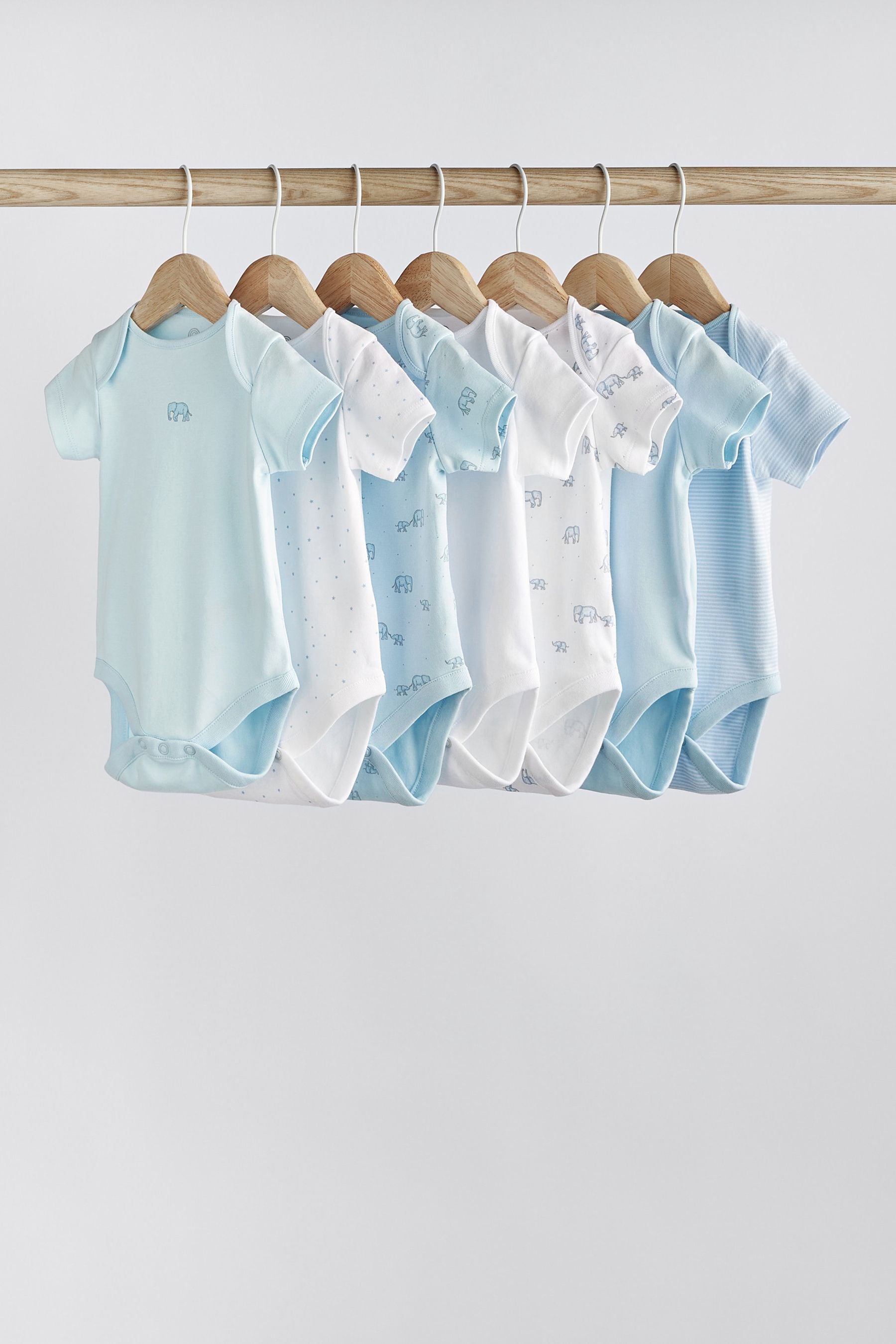 Blue/White Elephant Short Sleeve Baby Bodysuits