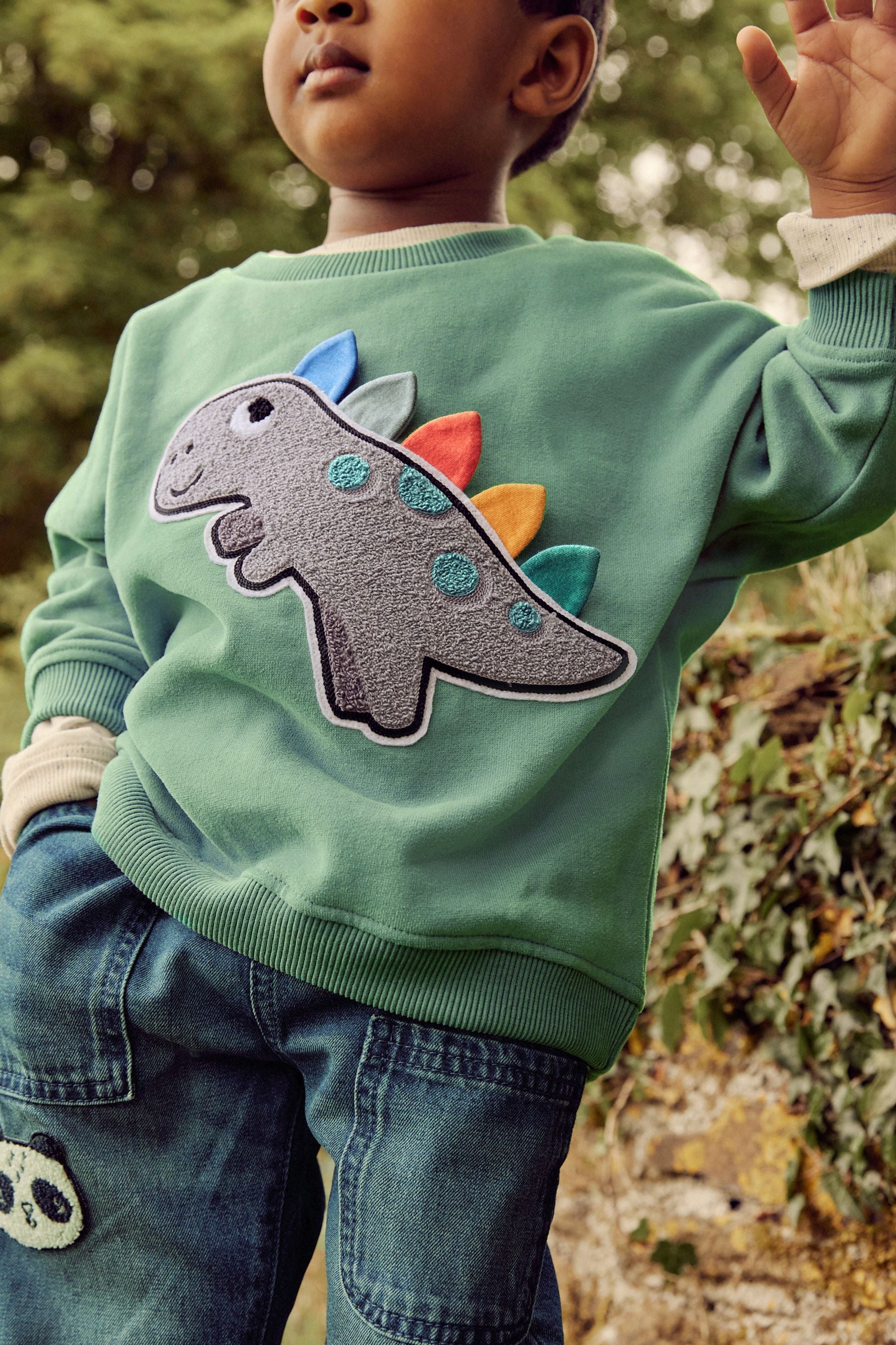 Teal Blue Dinosaur Boucl Crew Neck Sweatshirt (3mths-7