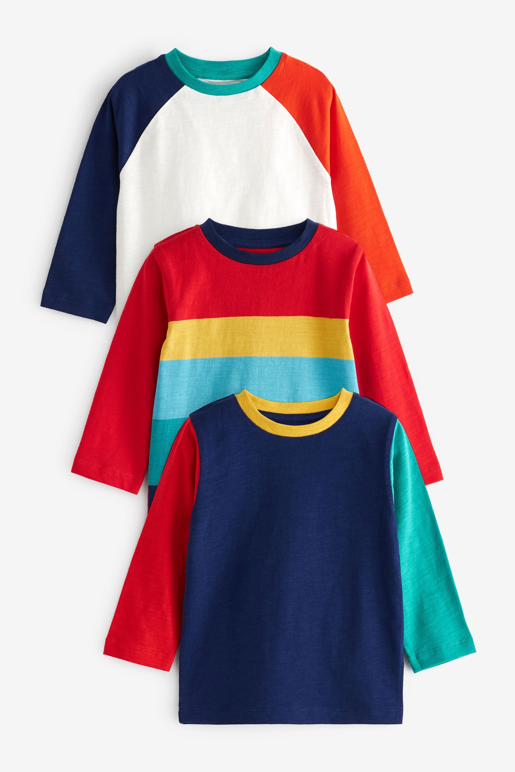 Multi Rainbow 3 Pack Colourblock Long Sleeve T-Shirts (3mths-7yrs)