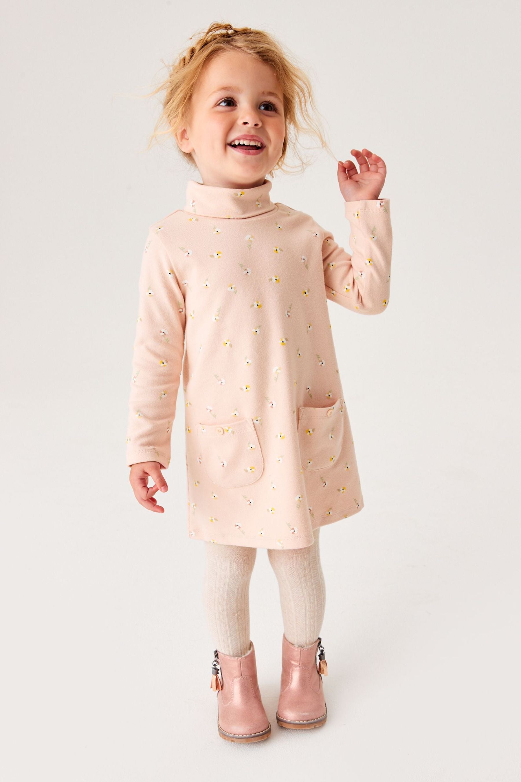 PInk Ditsy Roll Neck Dress (3mths-7yrs)