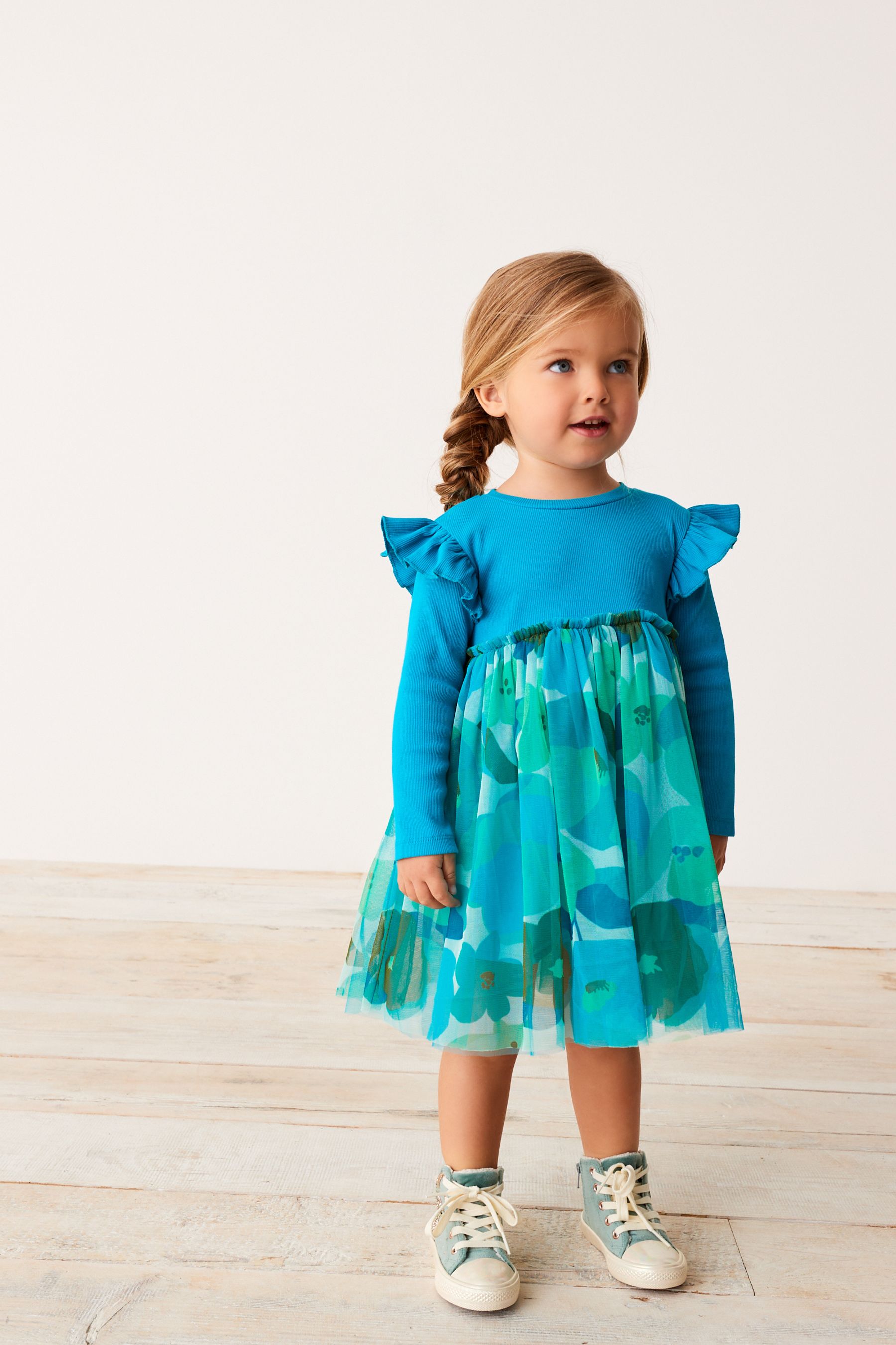 Teal Blue Floral Mesh Party Dress (3mths-7yrs)