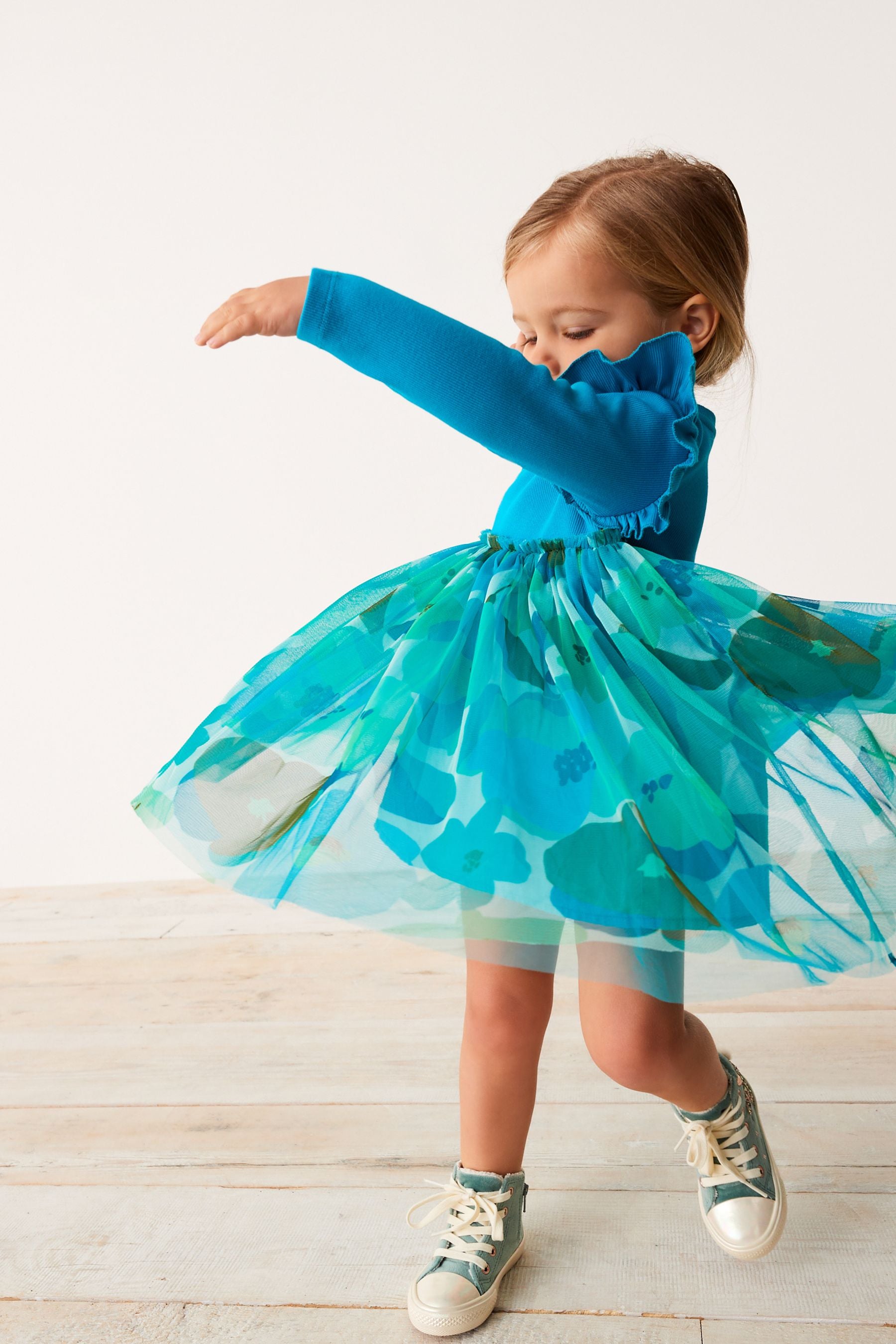 Teal Blue Floral Mesh Party Dress (3mths-7yrs)