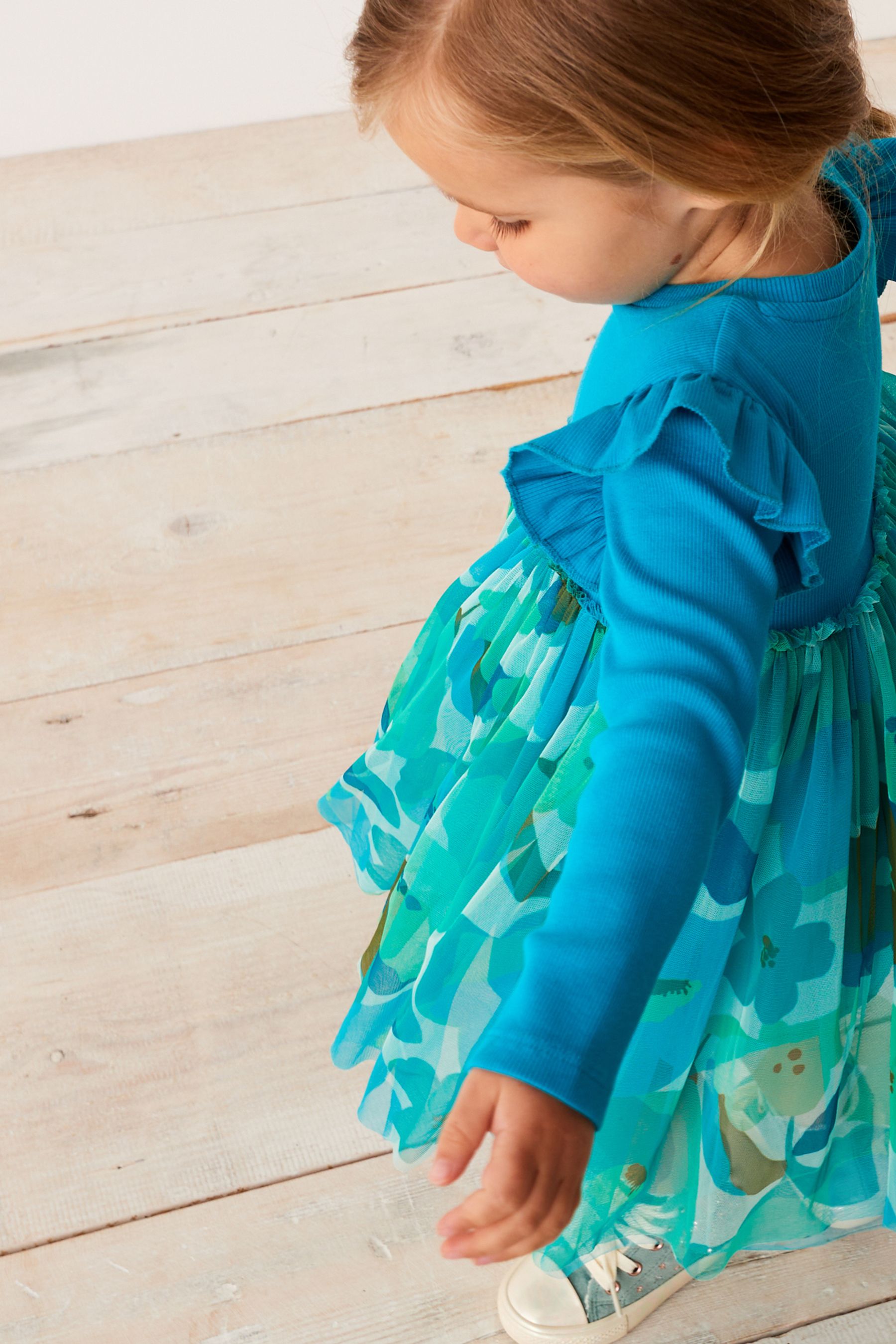 Teal Blue Floral Mesh Party Dress (3mths-7yrs)