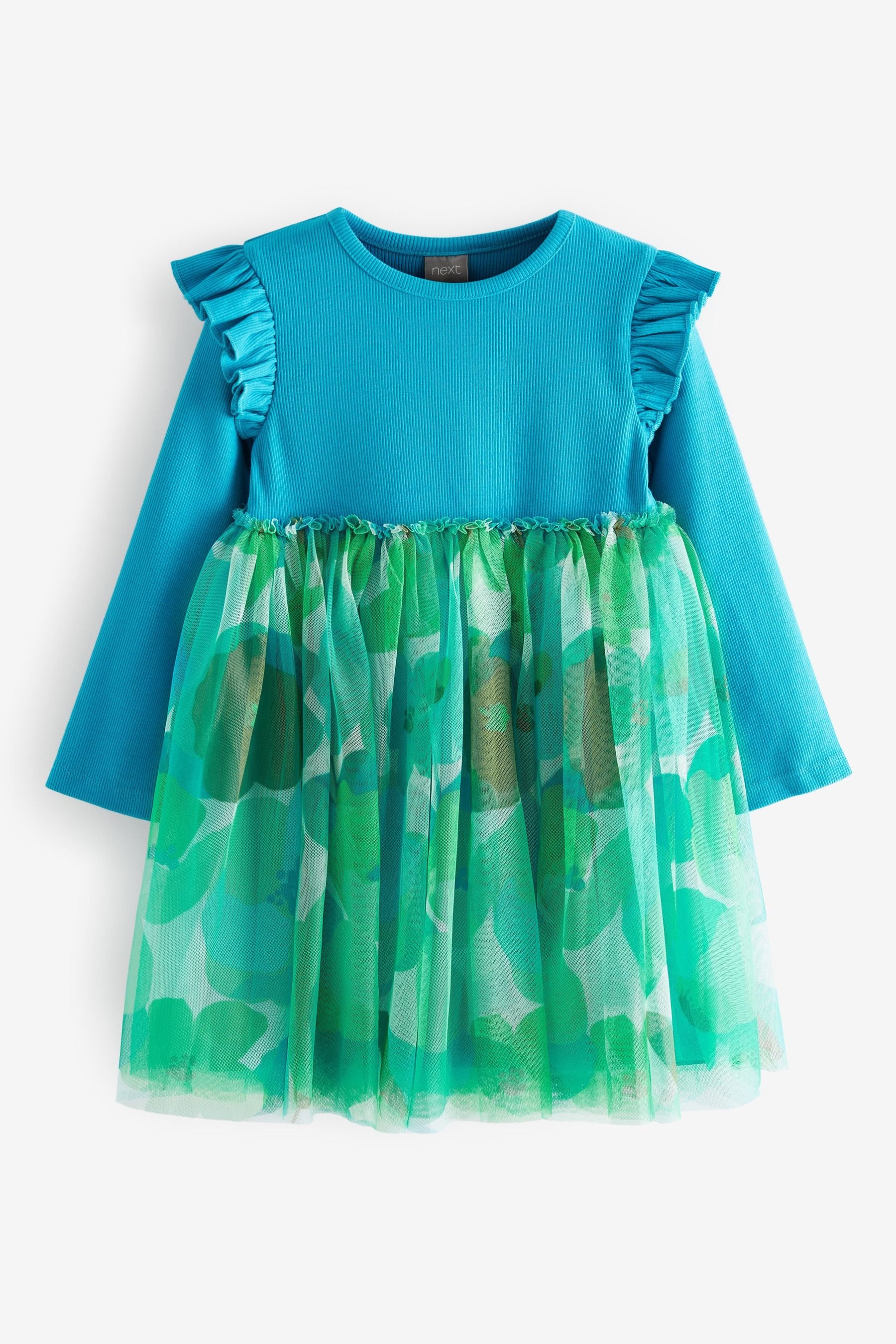 Teal Blue Floral Mesh Party Dress (3mths-7yrs)