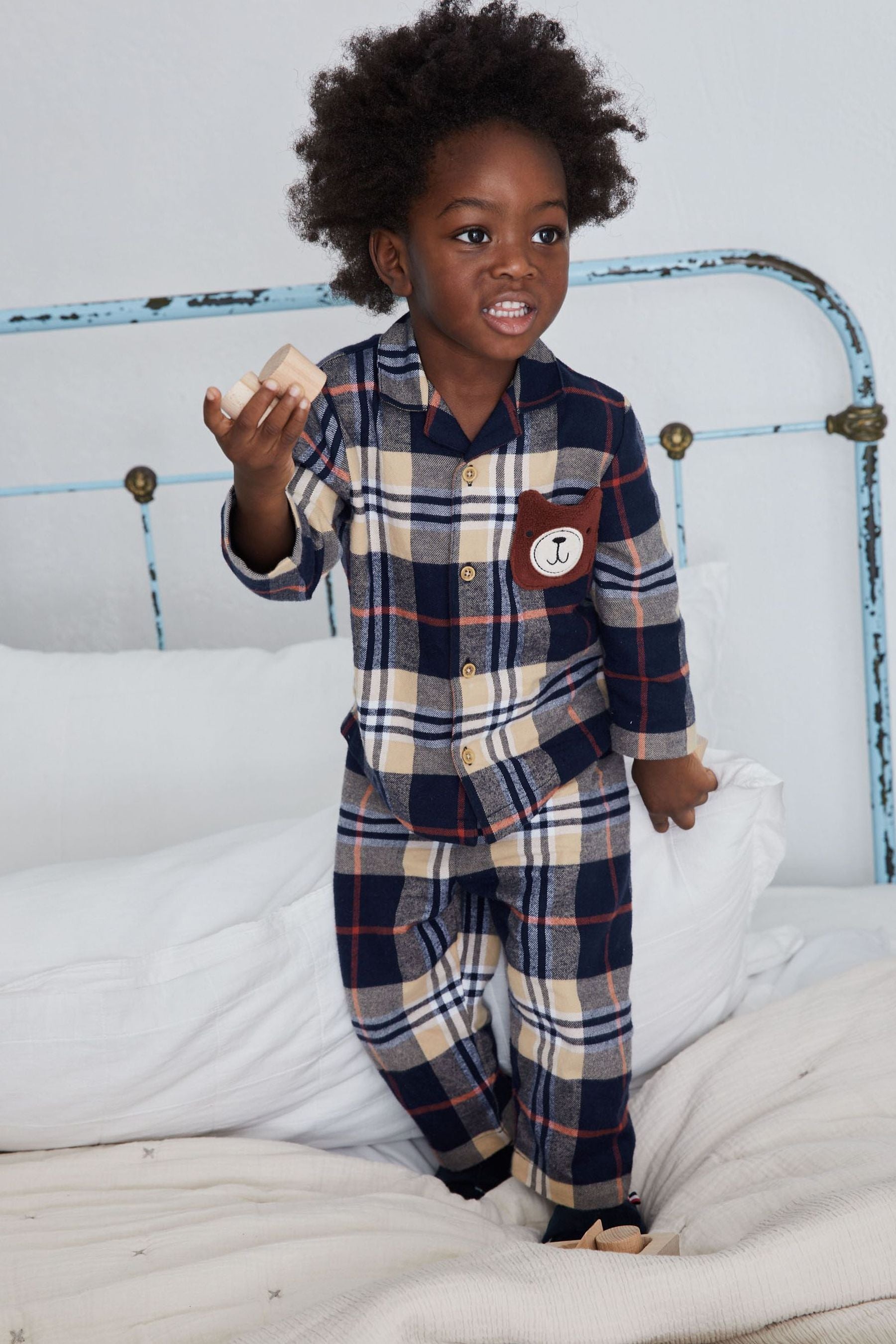 Navy Bear Check Button Through Pyjamas (9mths-8yrs)