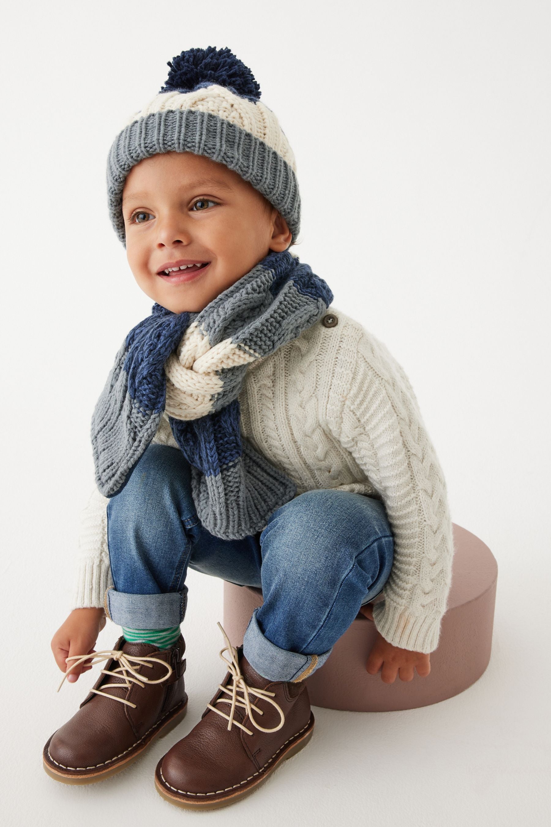 Cream/Navy Blue Hat, Mittens And Scarf Set (3mths-10yrs)