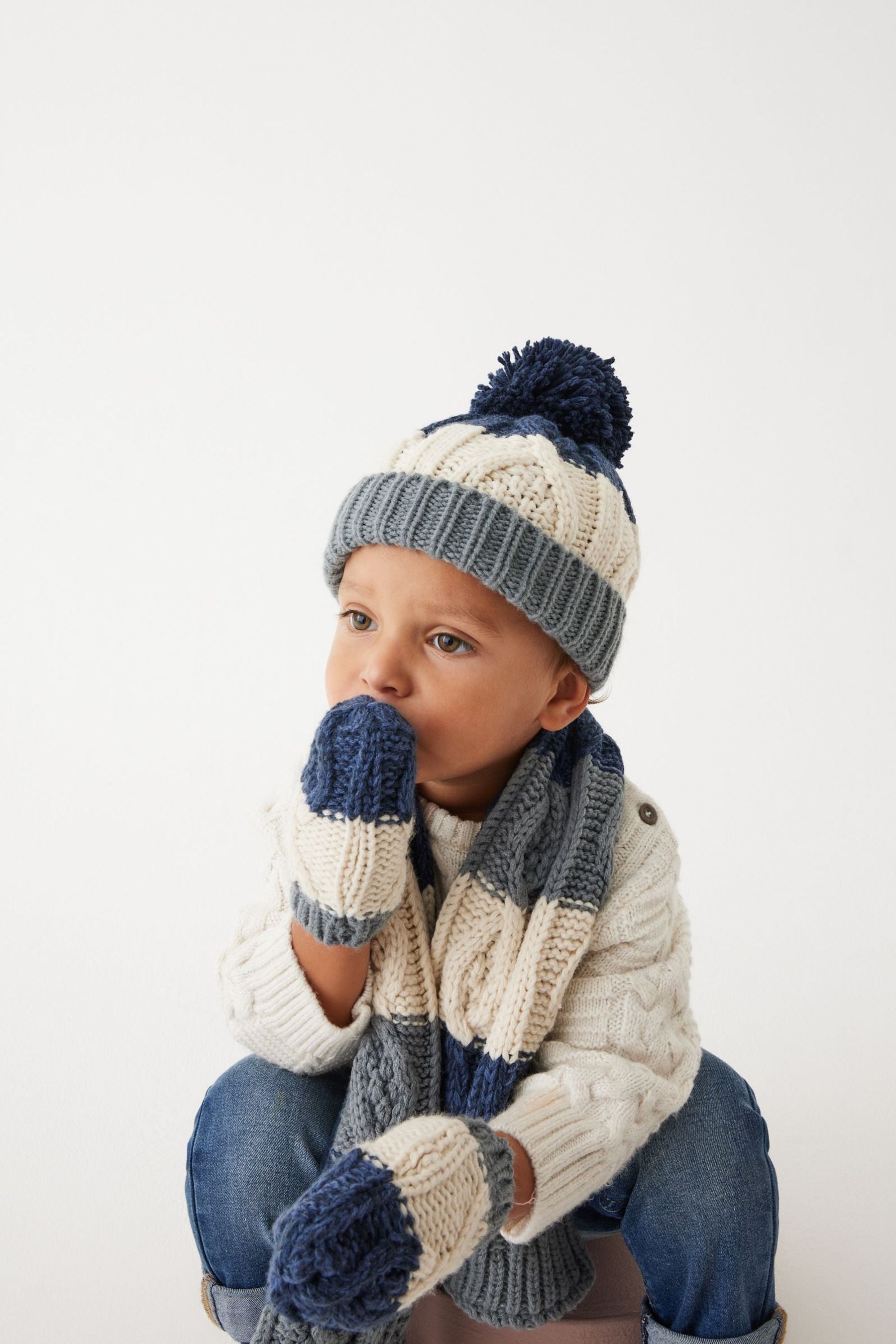 Cream/Navy Blue Hat, Mittens And Scarf Set (3mths-10yrs)