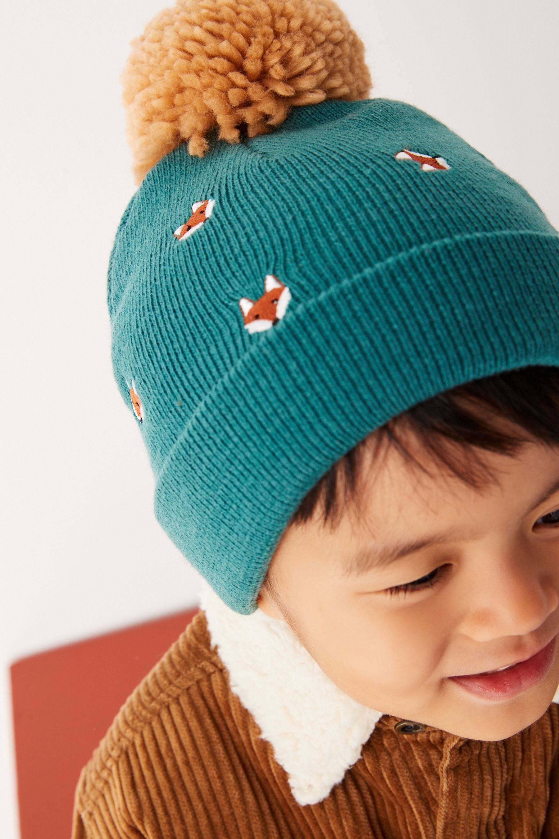 Teal Blue Fox Embroidered Pom Hat (3mths-10yrs)