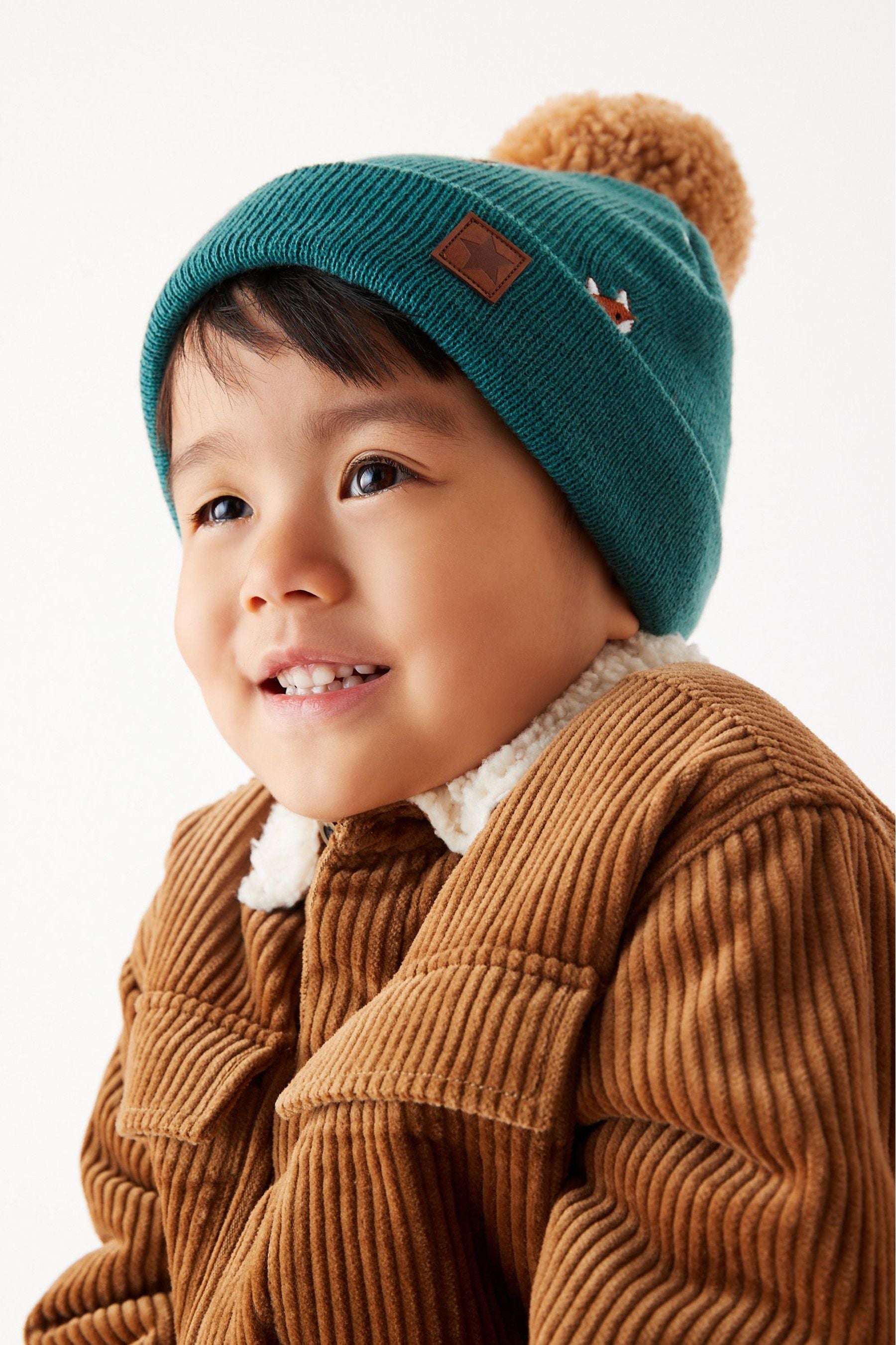 Teal Blue Fox Embroidered Pom Hat (3mths-10yrs)