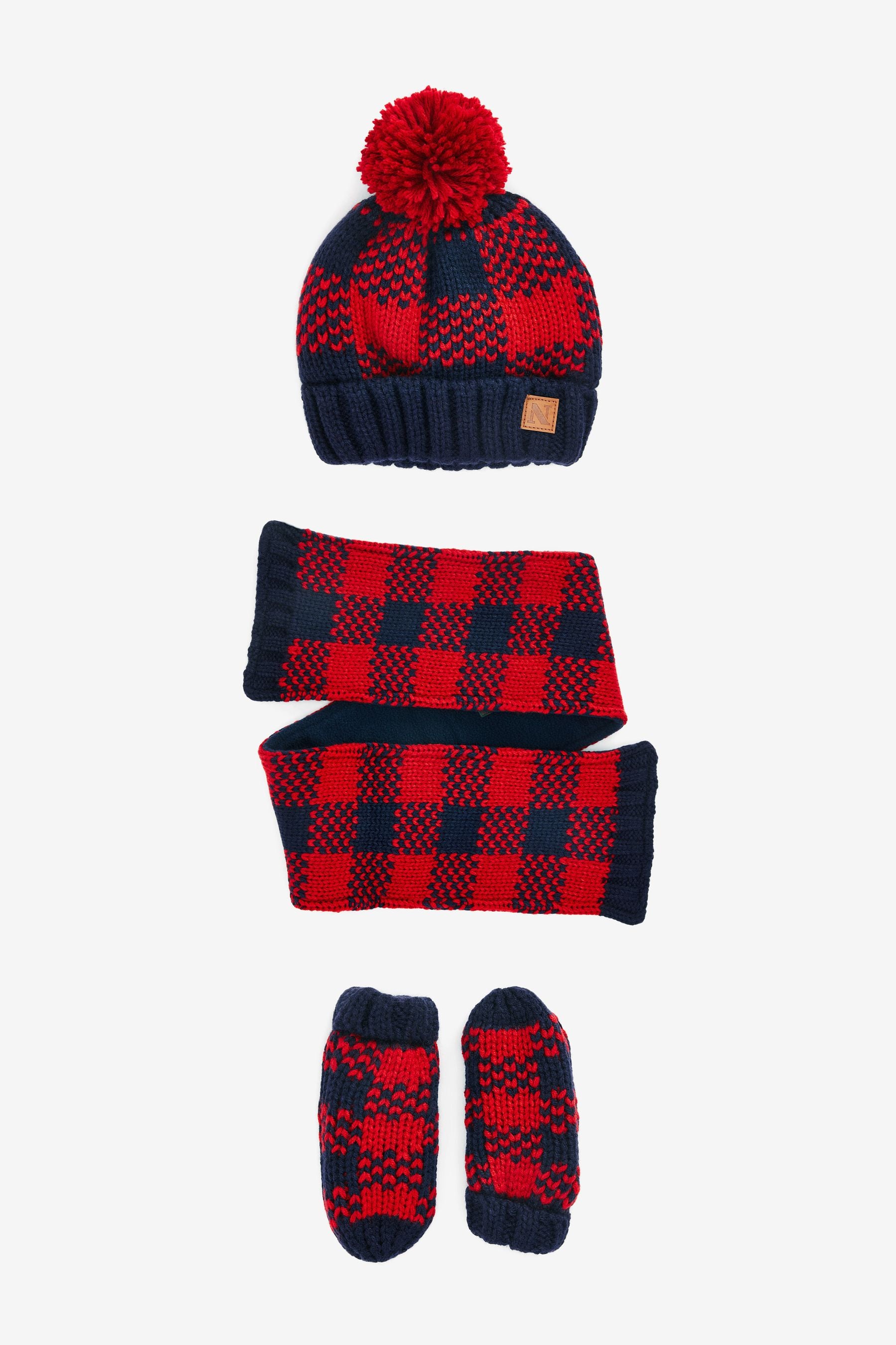 Navy Blue/Red Check Hat, Mittens And Scarf Set (3mths-10yrs)