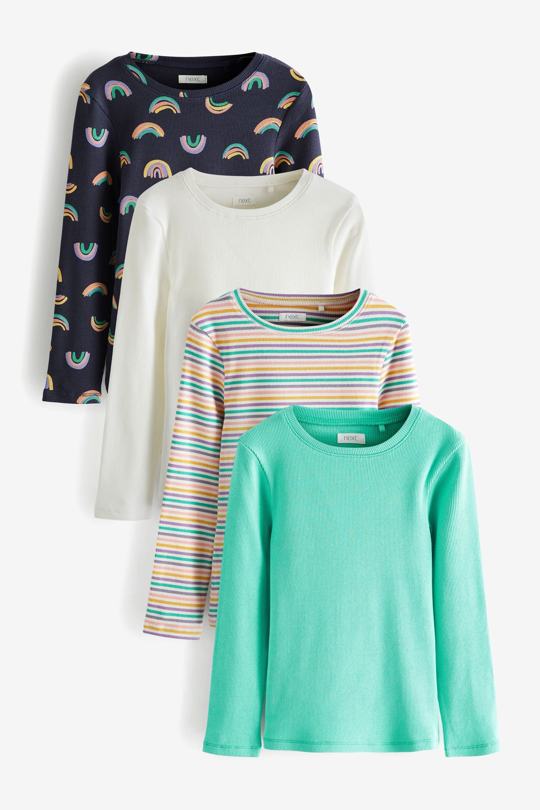 Rainbow/Mint 4 Pack Long Sleeve Ribbed Tops (3-16yrs)