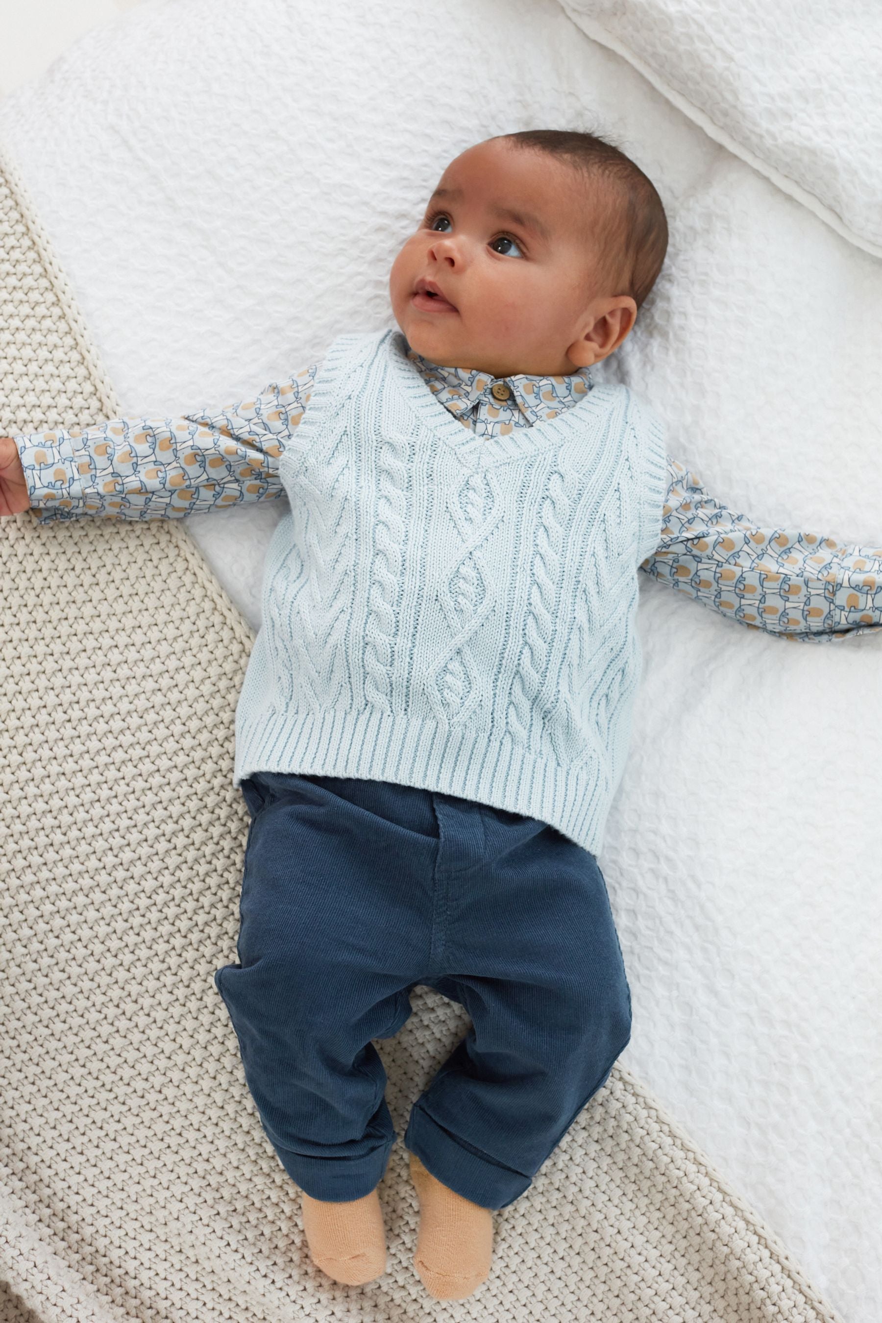 Blue Elephant Print 3 Piece Baby Woven Trousers, Shirt Bodysuit And Knitted Tank Top Set (0mths-3yrs)