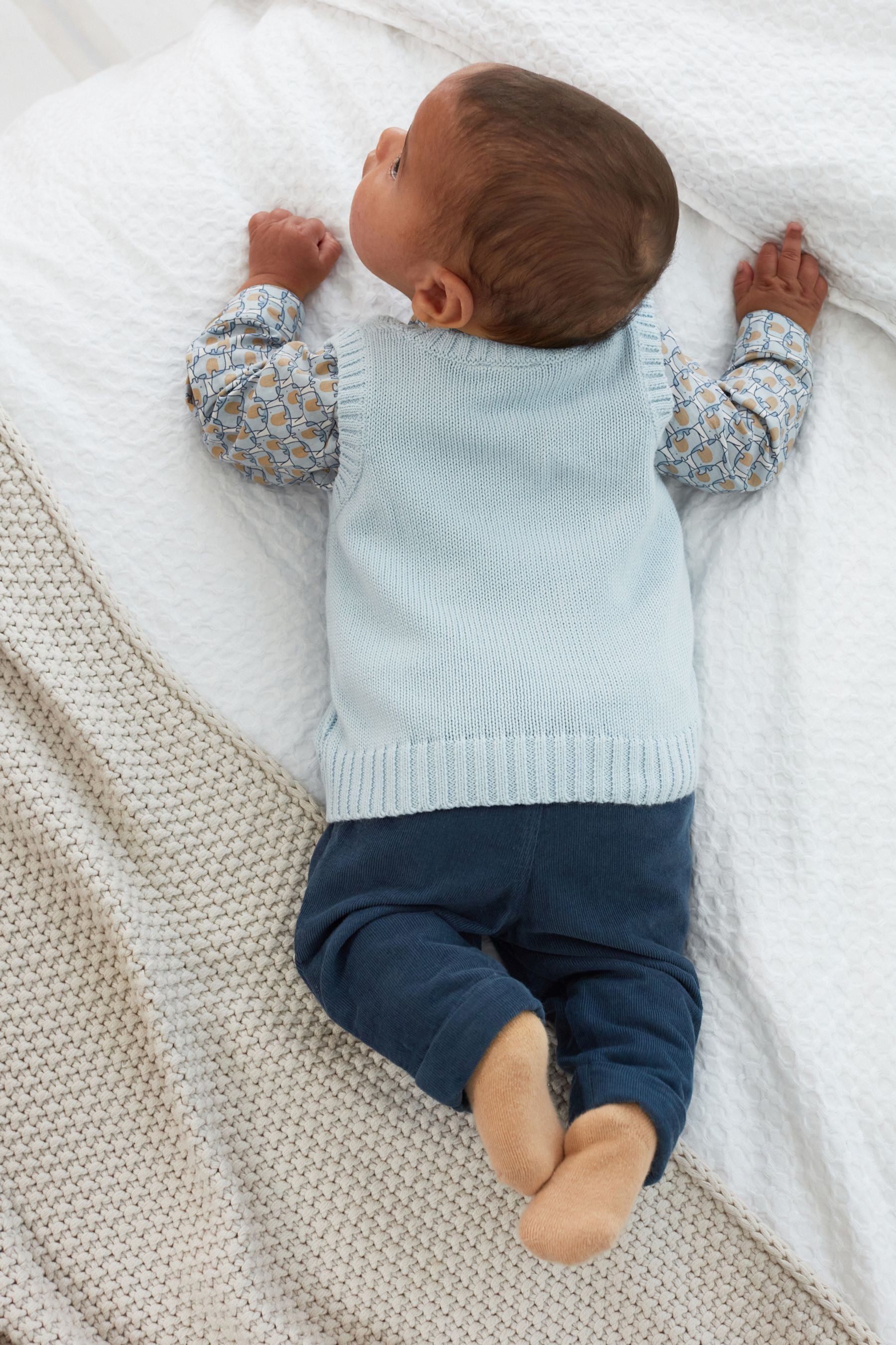 Blue Elephant Print 3 Piece Baby Woven Trousers, Shirt Bodysuit And Knitted Tank Top Set (0mths-3yrs)