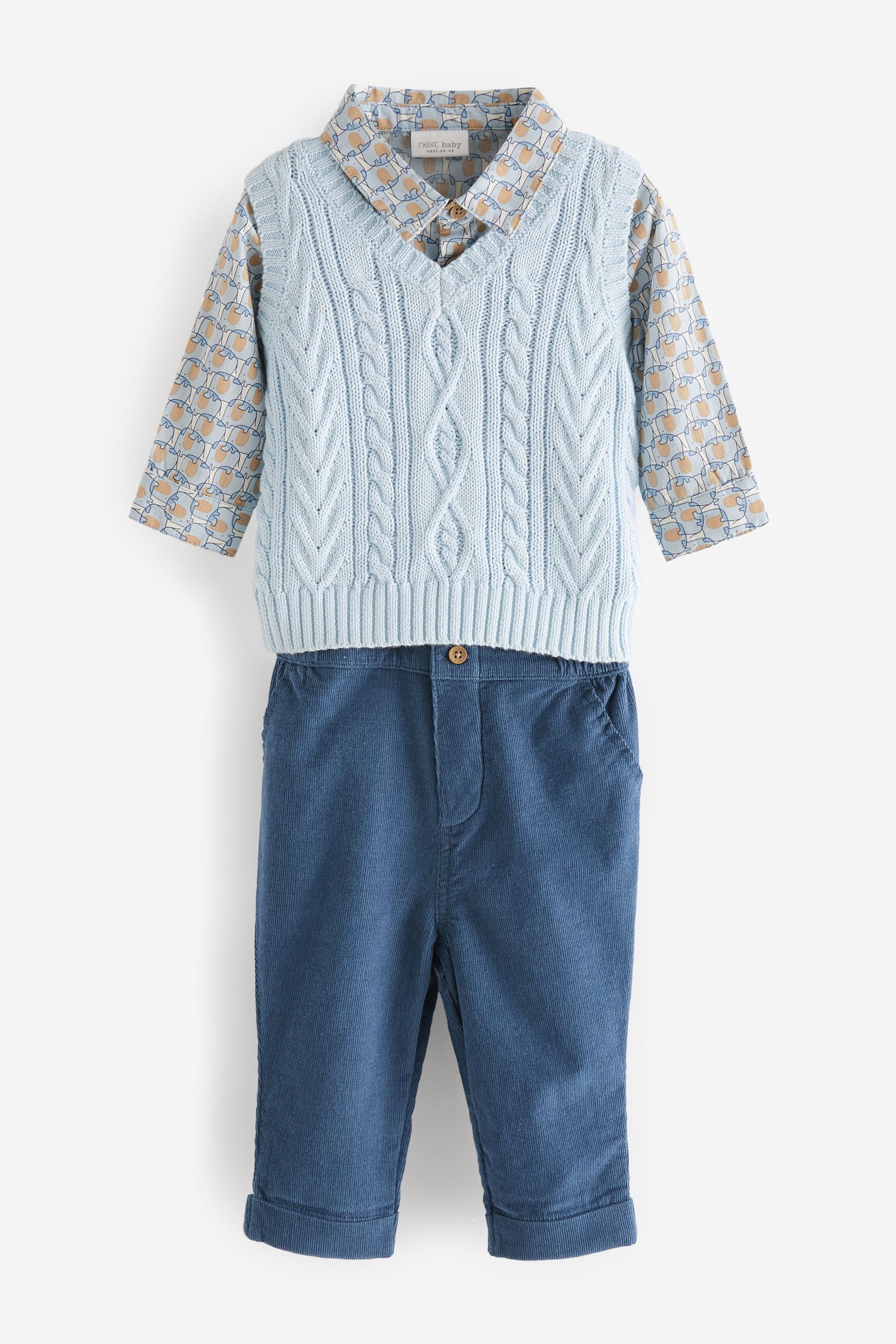 Blue Elephant Print 3 Piece Baby Woven Trousers, Shirt Bodysuit And Knitted Tank Top Set (0mths-3yrs)