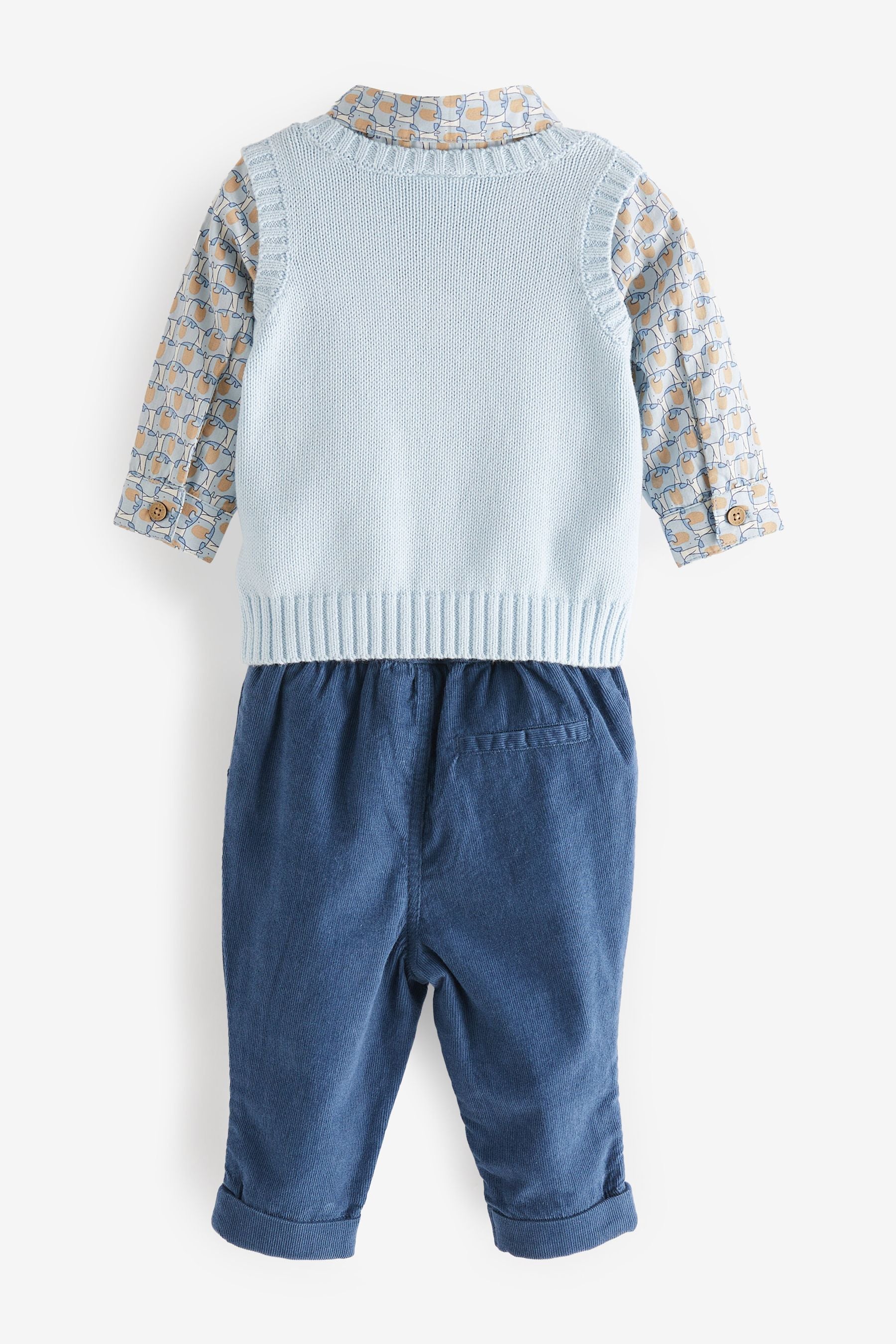 Blue Elephant Print 3 Piece Baby Woven Trousers, Shirt Bodysuit And Knitted Tank Top Set (0mths-3yrs)