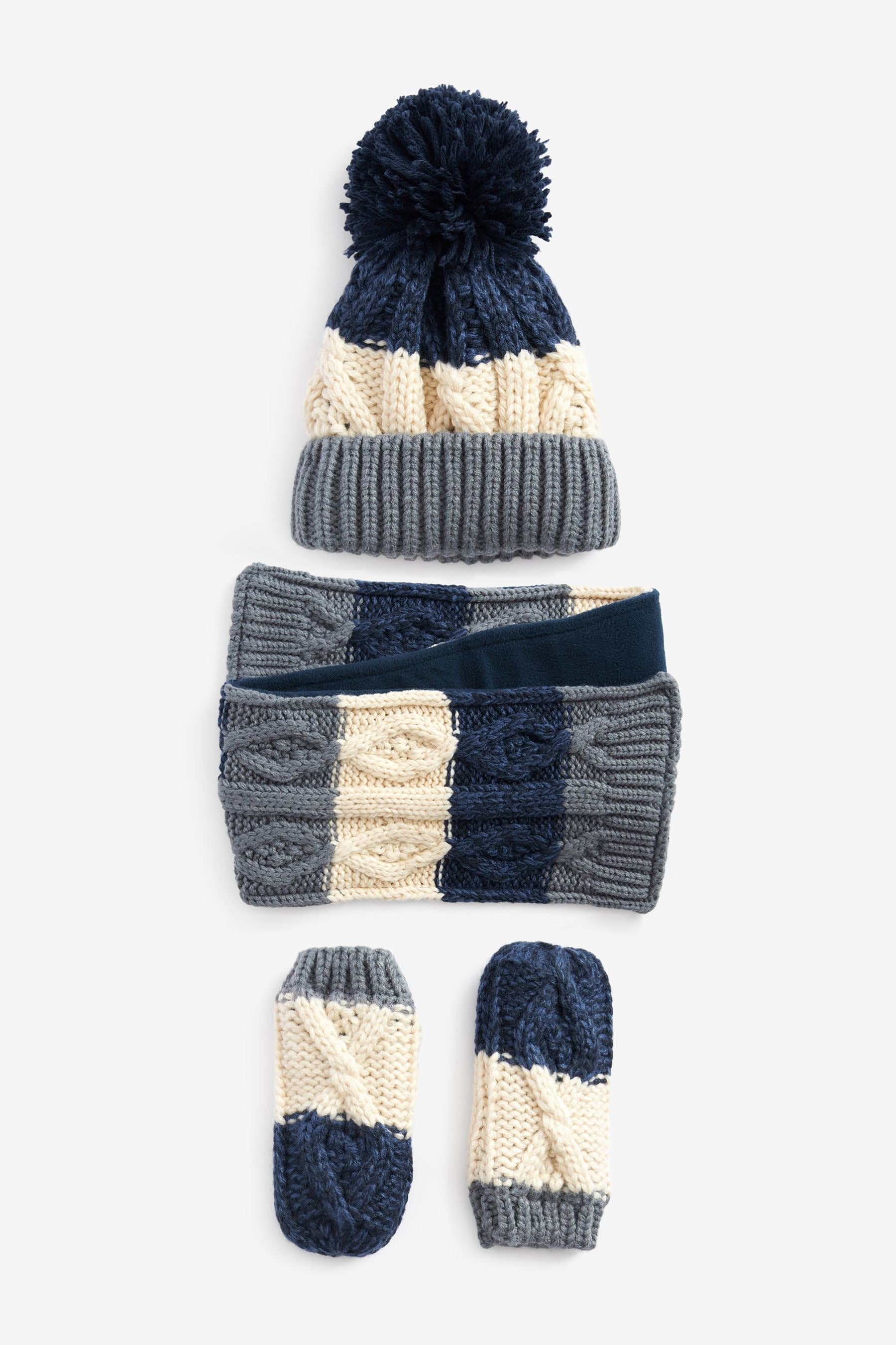 Cream/Navy Blue Hat, Mittens And Scarf Set (3mths-10yrs)