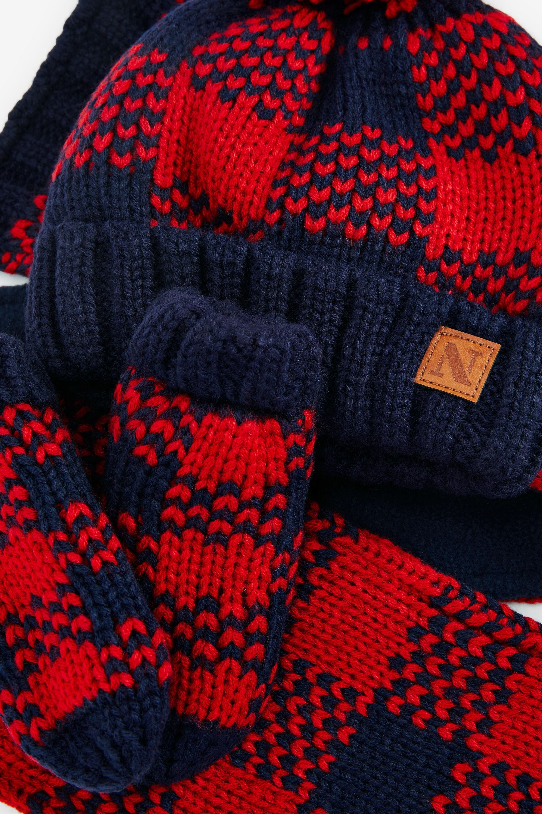 Navy Blue/Red Check Hat, Mittens And Scarf Set (3mths-10yrs)