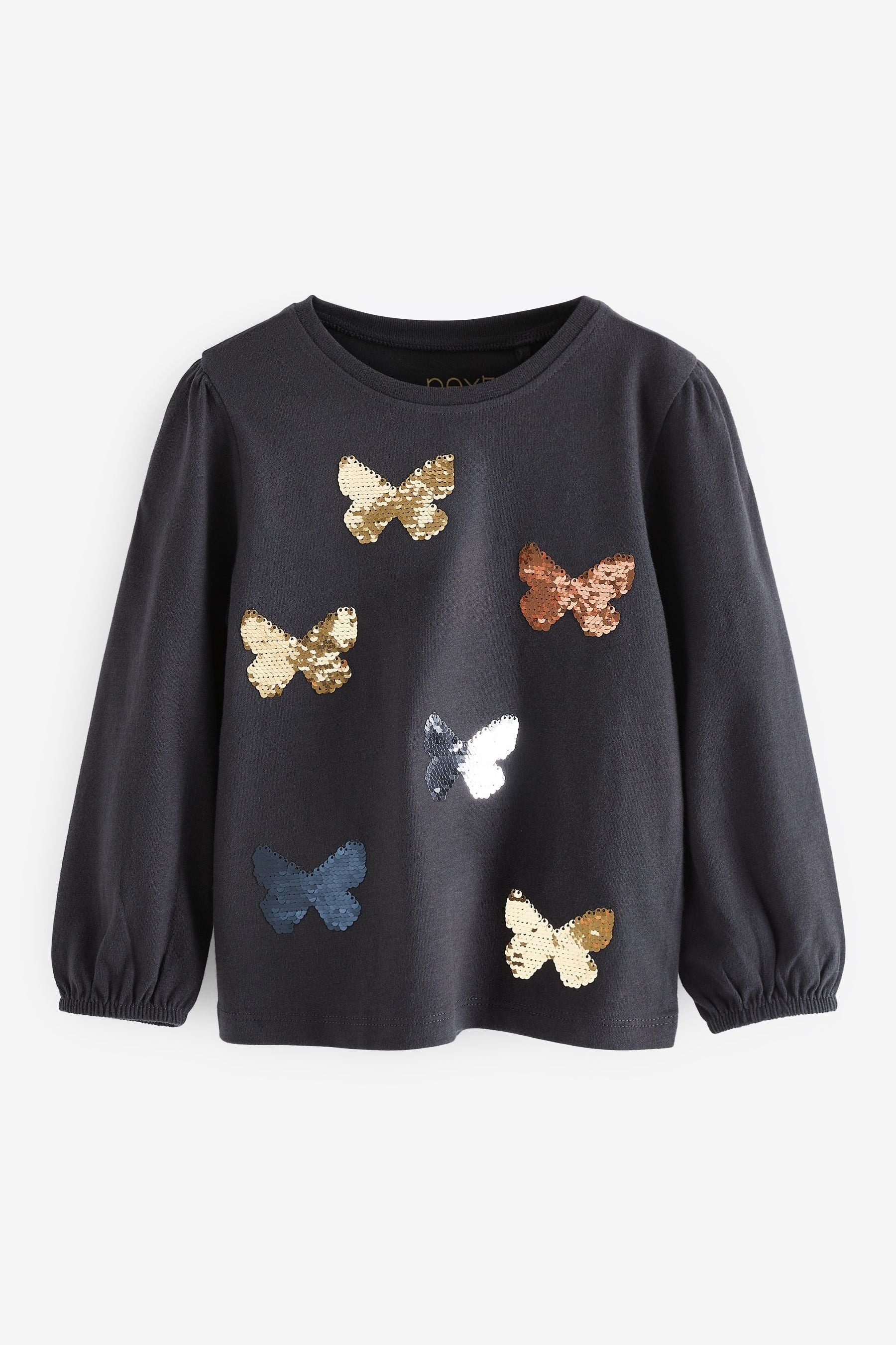 Charcoal Grey Butterfly Sequin Long Sleeve T-Shirt (3mths-7yrs)