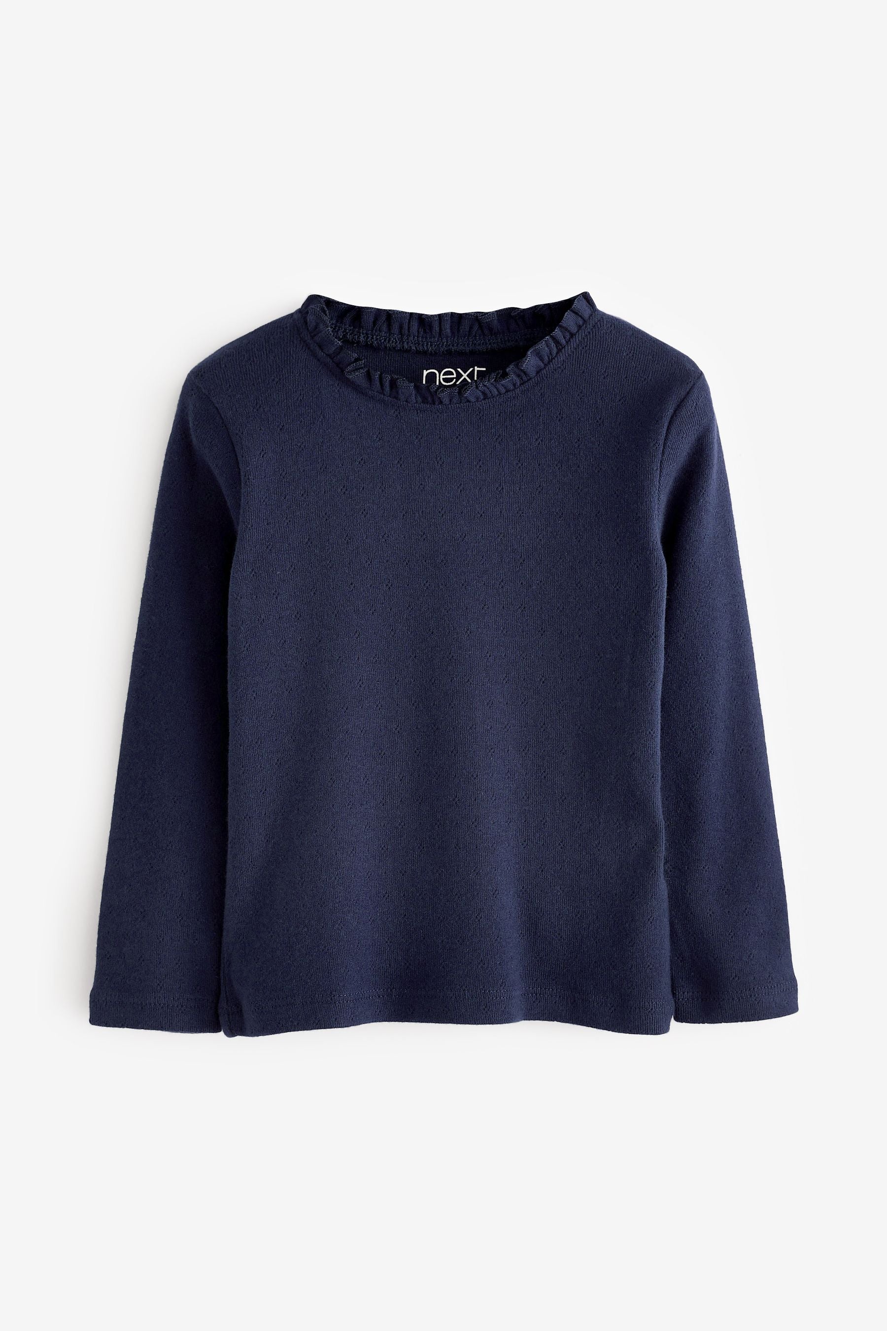 Navy Blue Long Sleeve Pointelle Cotton Top (3mths-7yrs)