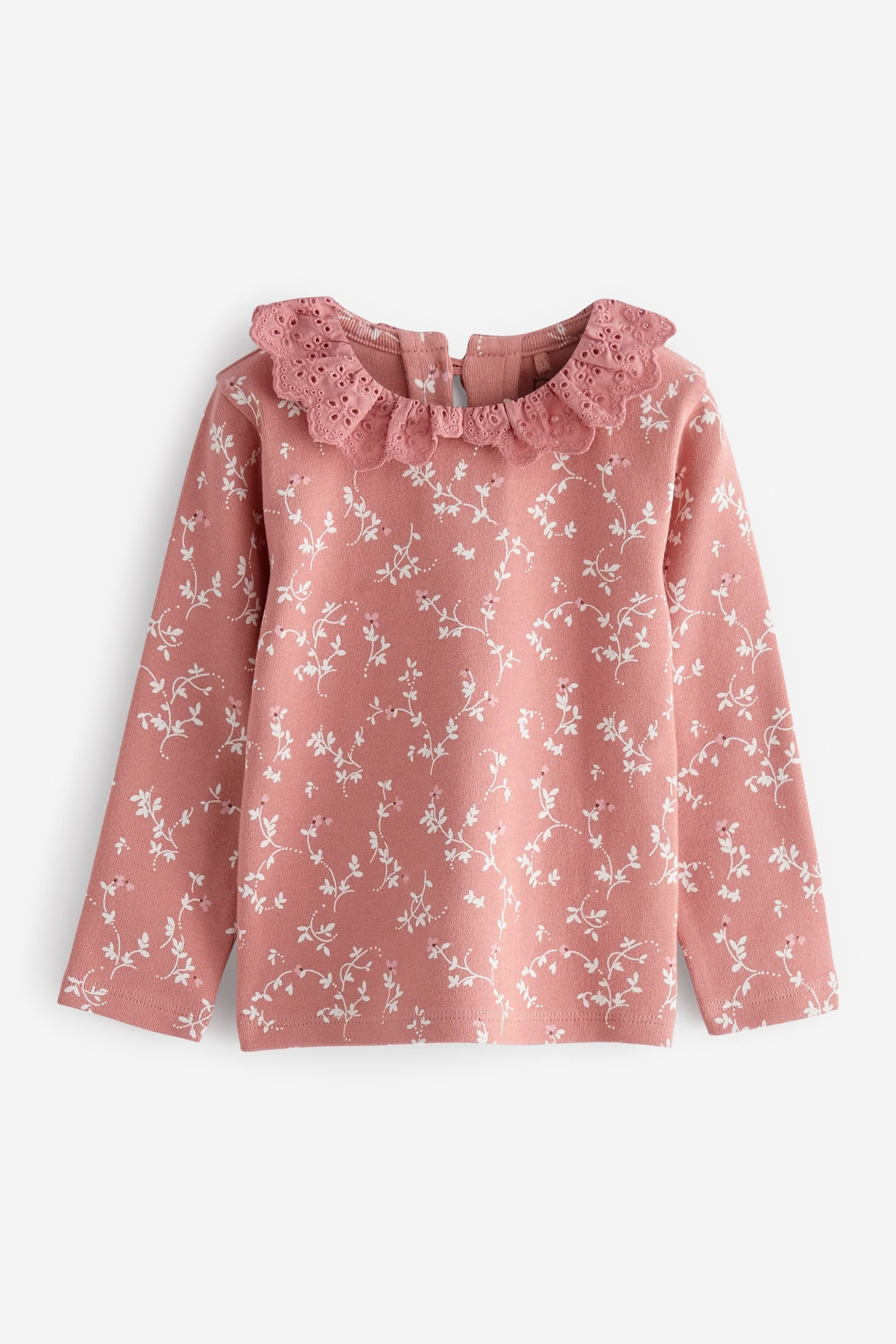 Pink Ditsy Brushed Broderie Collar Top (3mths-7yrs)