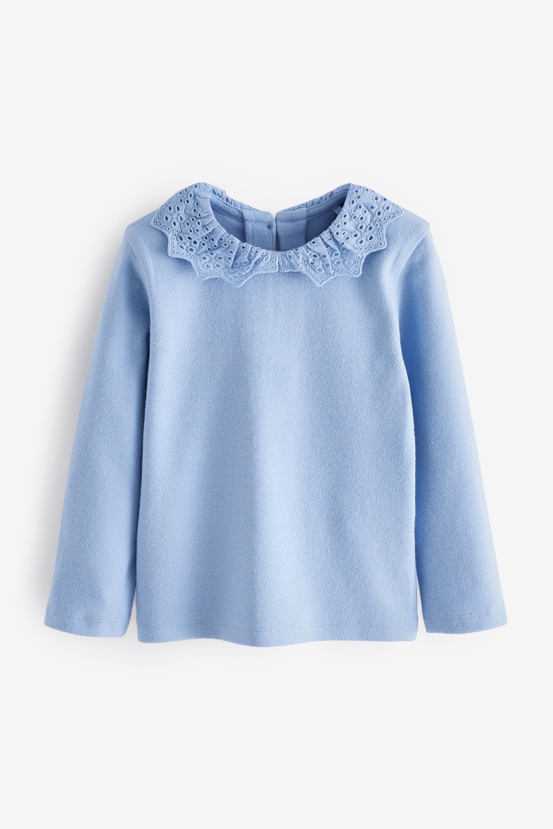 Pale Blue Brushed Broderie Collar Top (3mths-7yrs)