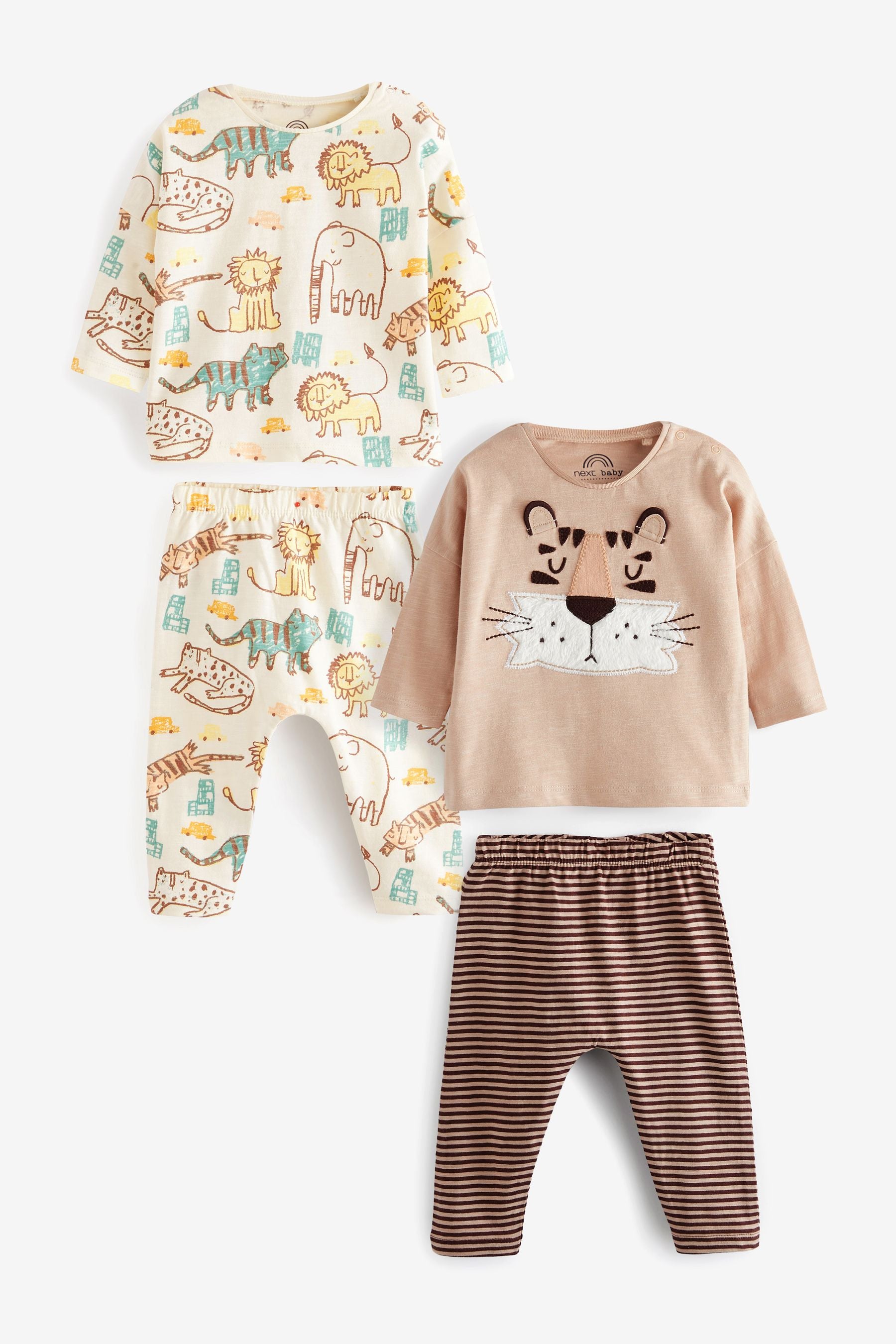 Neutral Brown Tiger 4 Piece Baby T-Shirts and Leggings Set