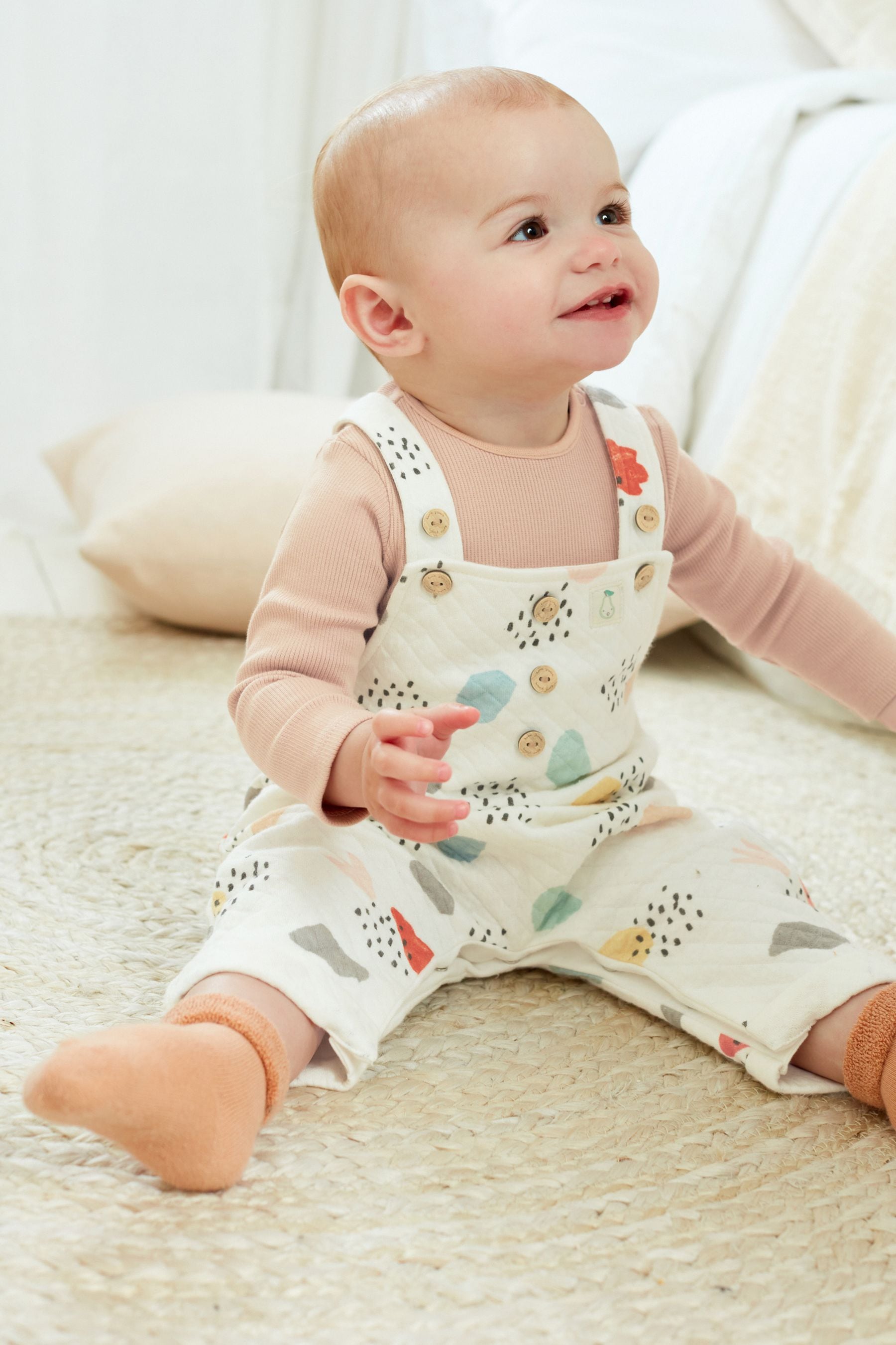 Cream Printed Baby 2 Piece Quilted Dungarees And Bodysuit Set (0mths-2yrs)