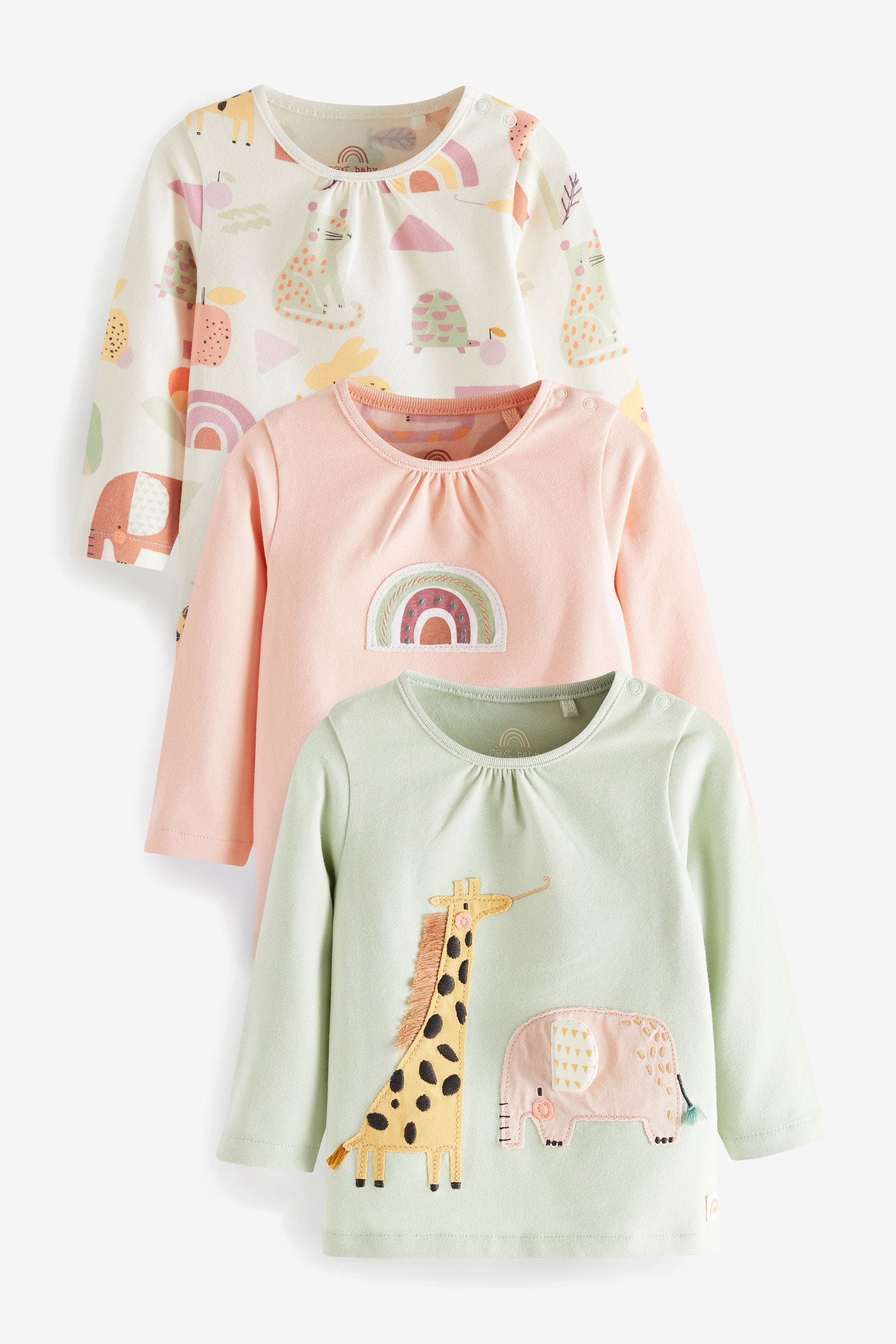 Mint Green and Pink Baby Anima Baby Long Sleeve T-Shirts 3 Pack