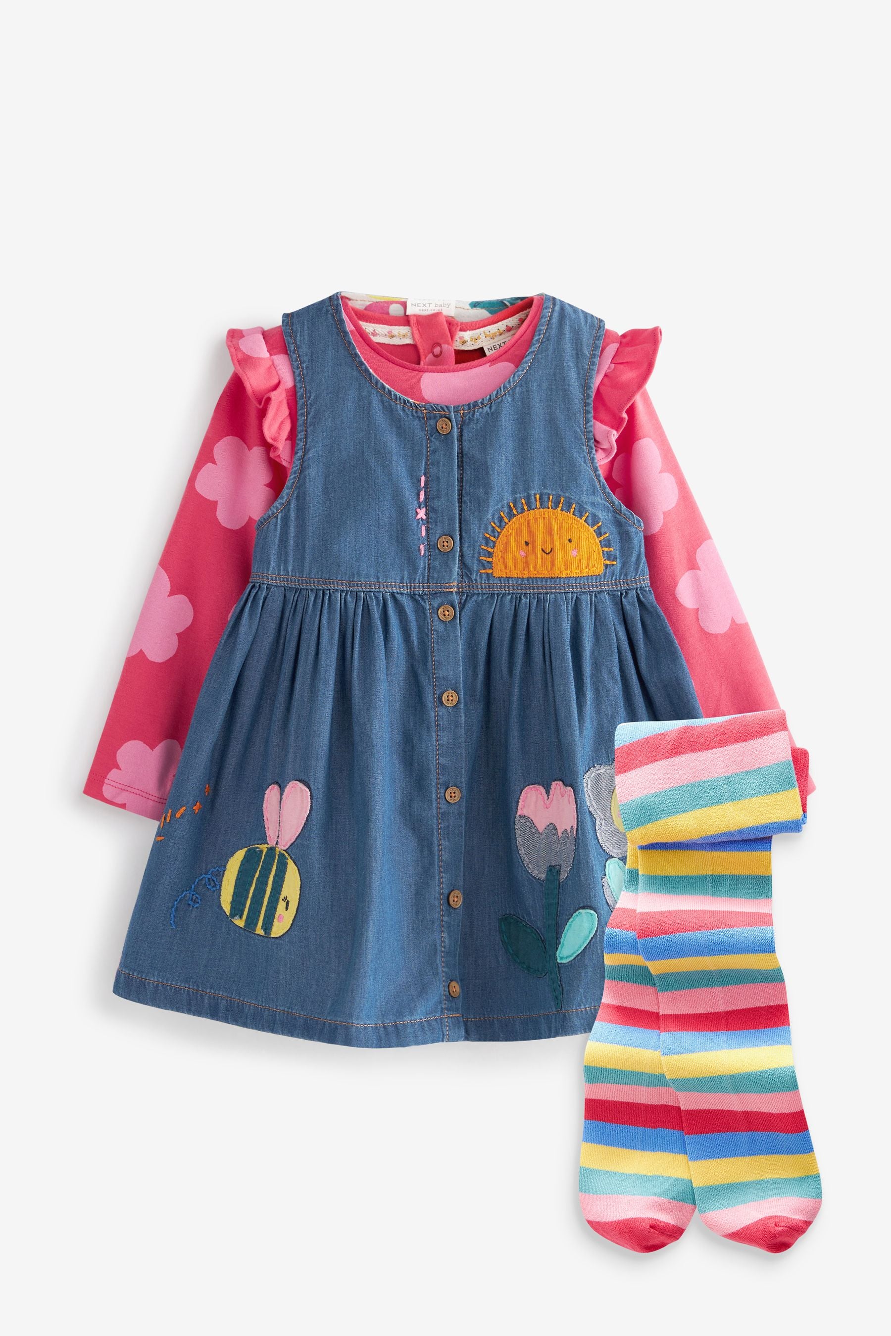 Denim Bright Character Applique Baby Pinafore, Bodysuit And Tight Set (0mths-2yr