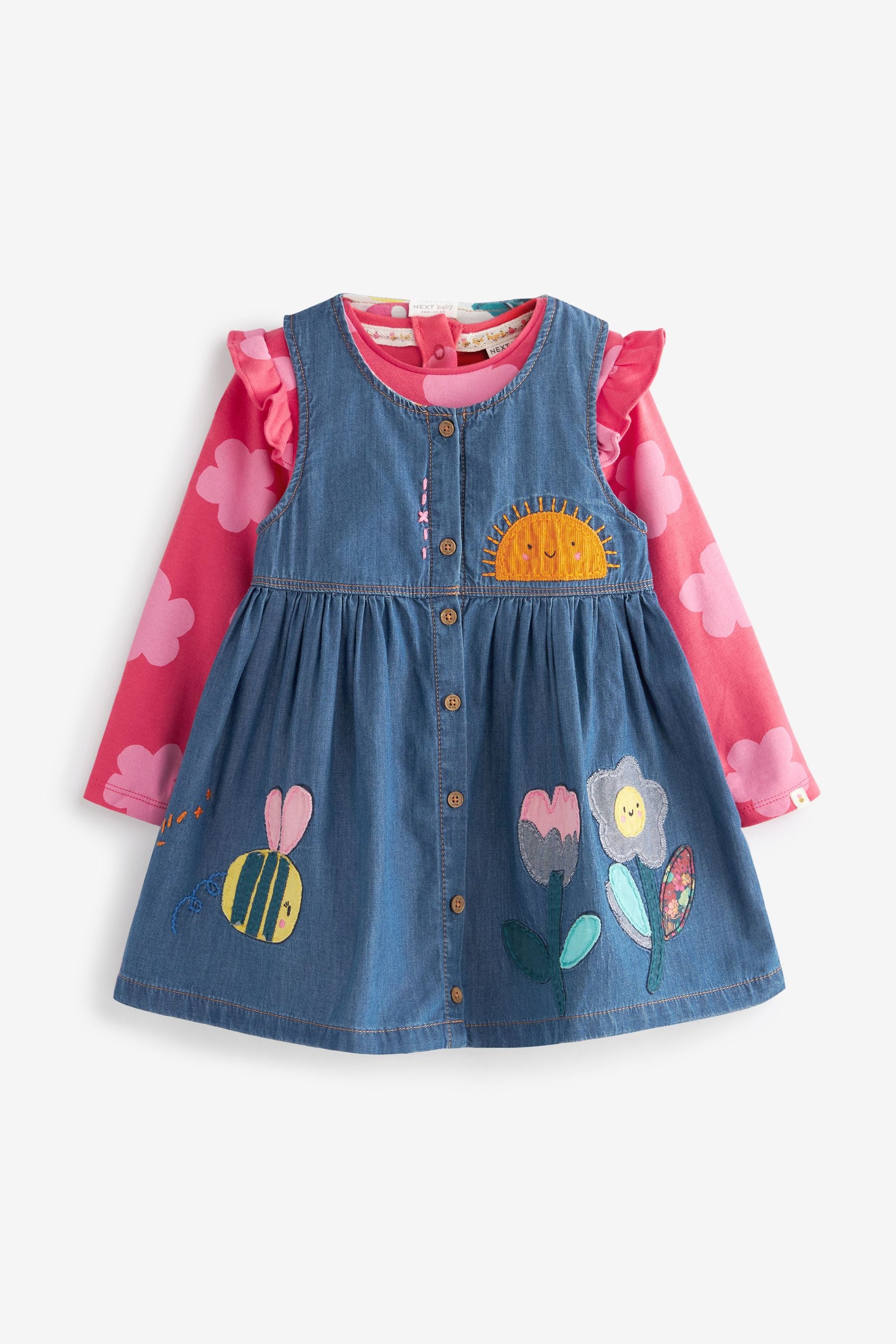 Denim Bright Character Applique Baby Pinafore, Bodysuit And Tight Set (0mths-2yr