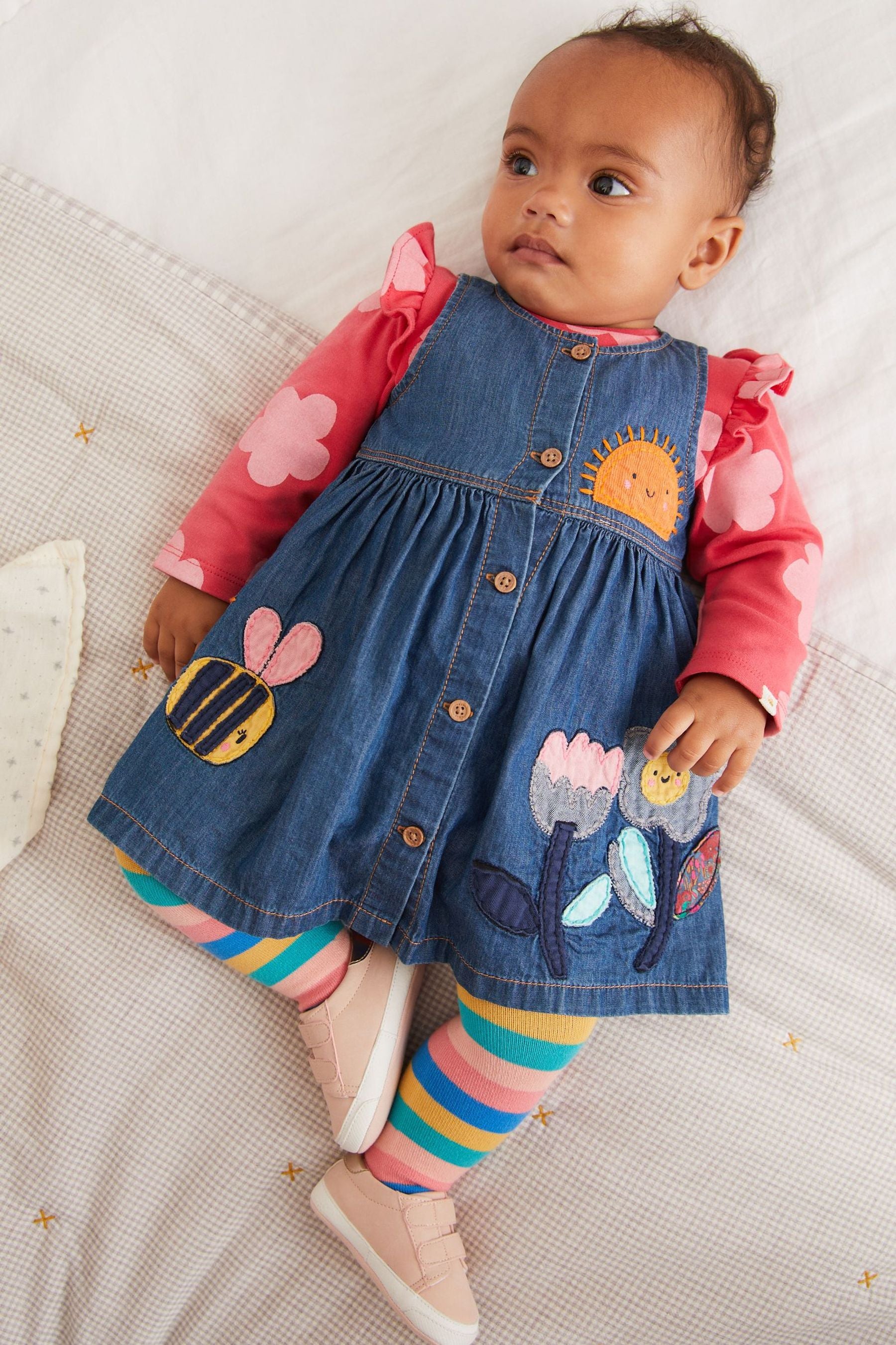 Denim Bright Character Applique Baby Pinafore, Bodysuit And Tight Set (0mths-2yr