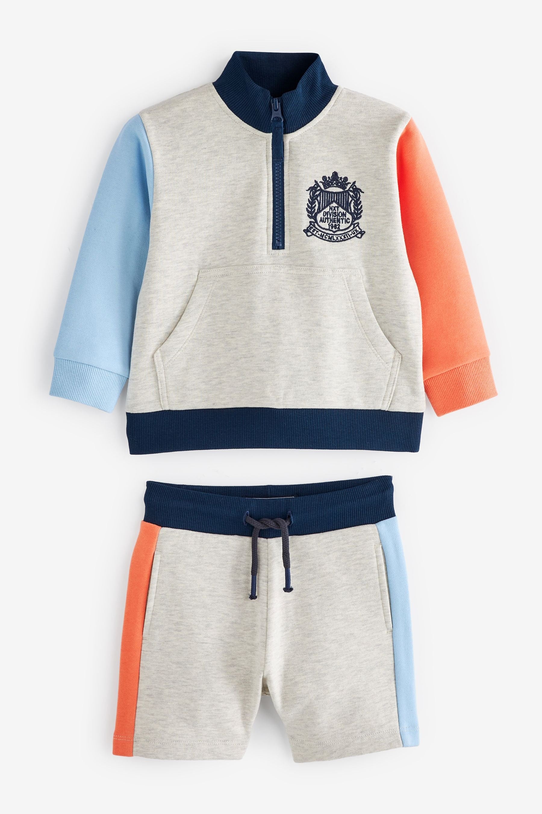 Grey Half Zip Colourblock Sweatshirt And Shorts Set (3mths-7yrs)