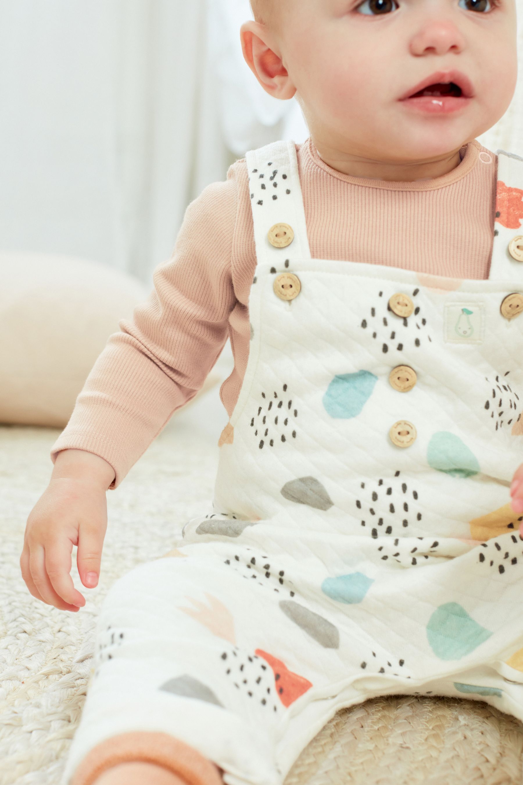 Cream Printed Baby 2 Piece Quilted Dungarees And Bodysuit Set (0mths-2yrs)