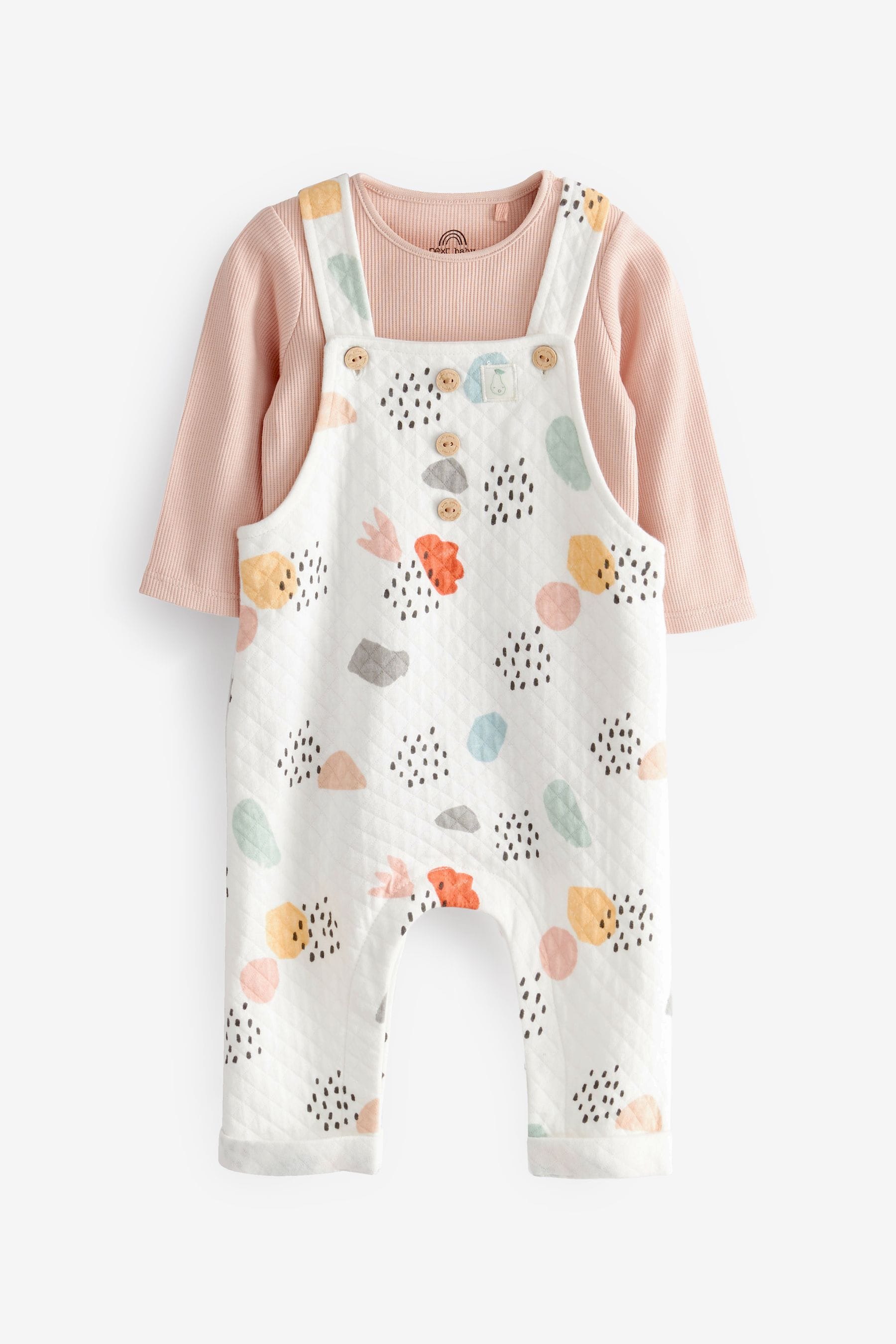 Cream Printed Baby 2 Piece Quilted Dungarees And Bodysuit Set (0mths-2yrs)