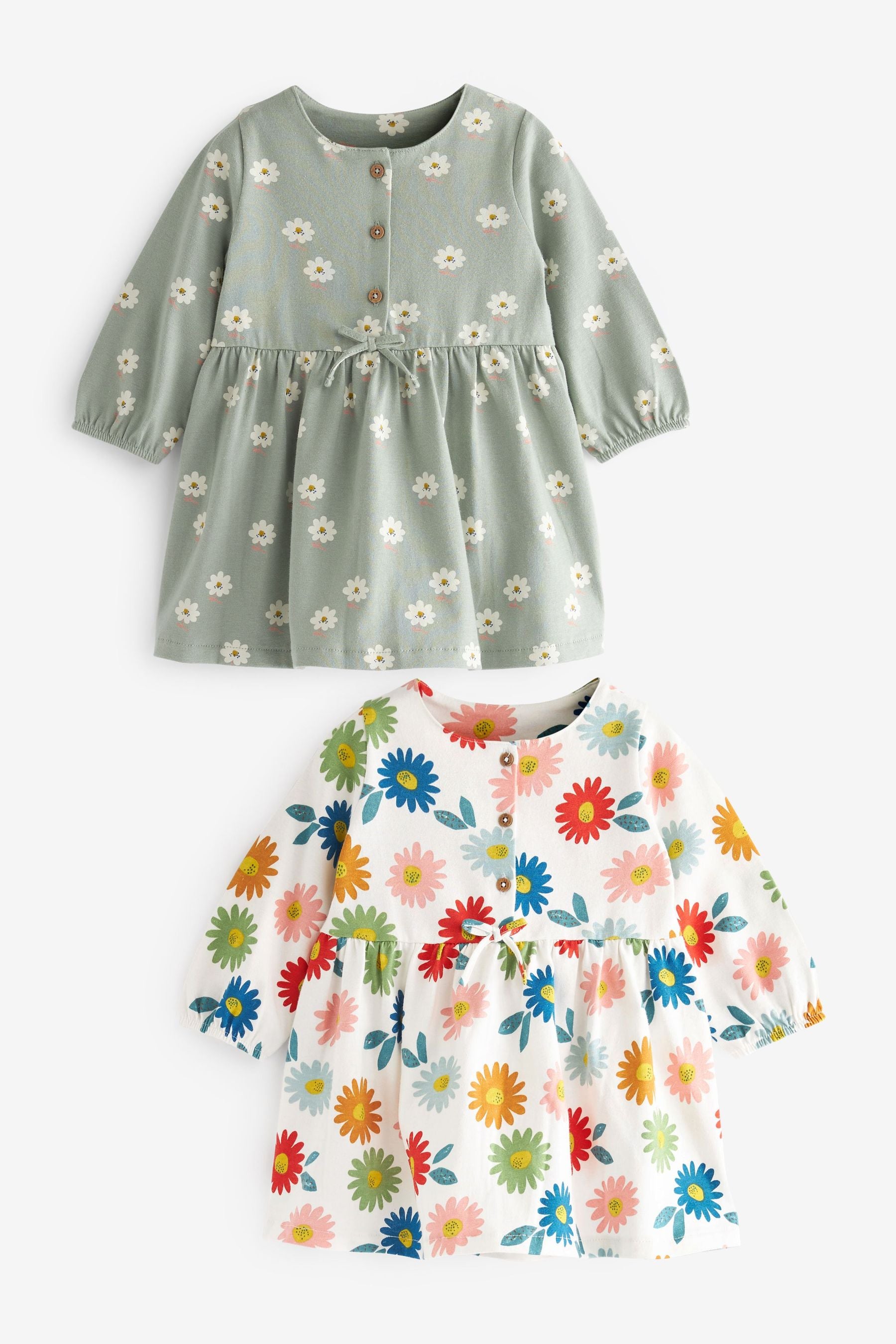 Green/Cream Floral 2 Pack Baby Jersey Dresses (0mths-2yrs)