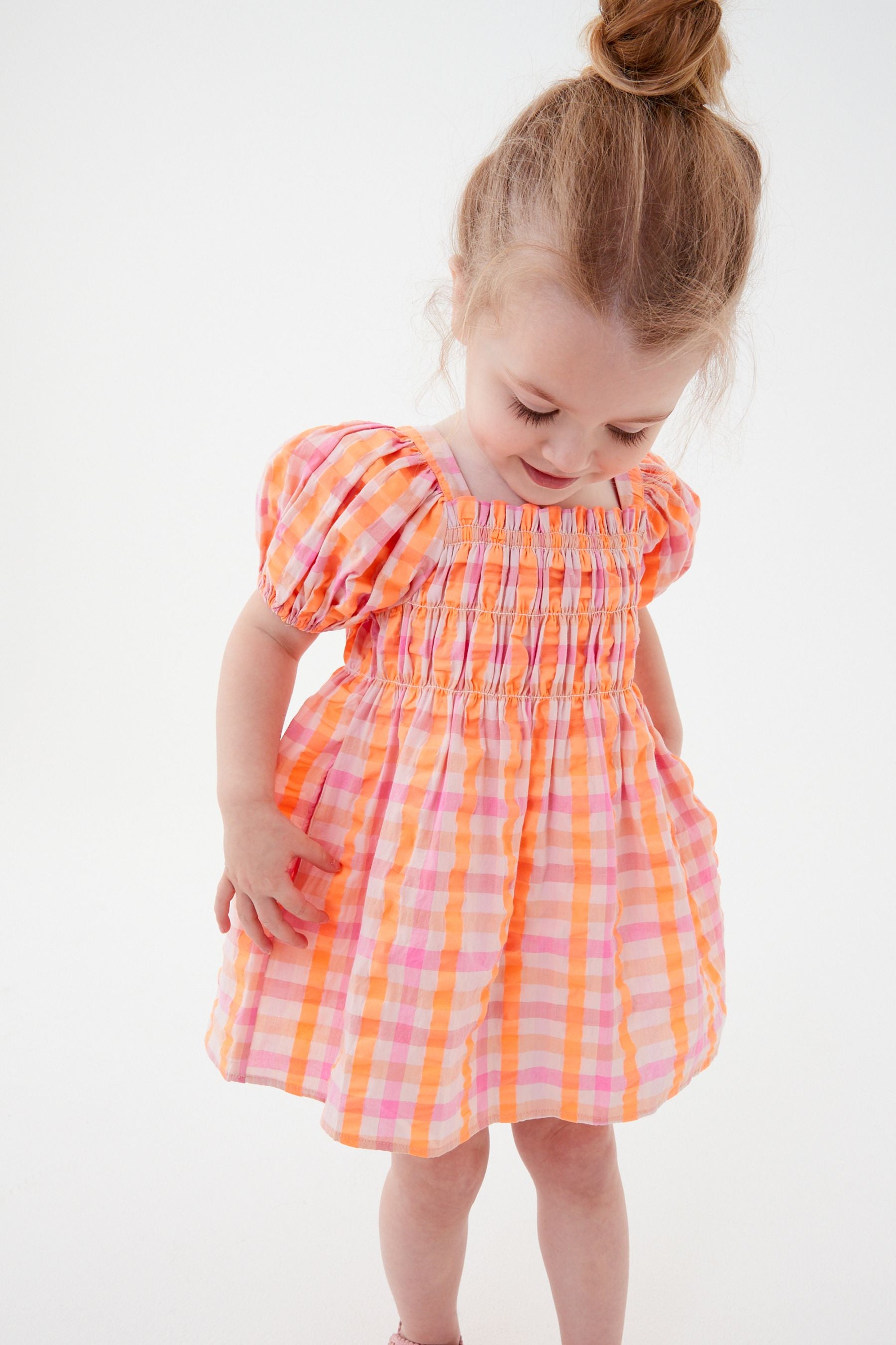 Orange/Pink Balloon Sleeve Check Dress (3mths-7yrs)