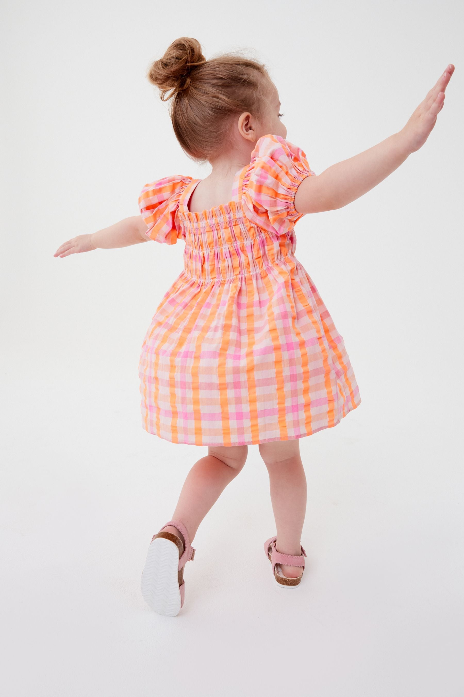 Orange/Pink Balloon Sleeve Check Dress (3mths-7yrs)