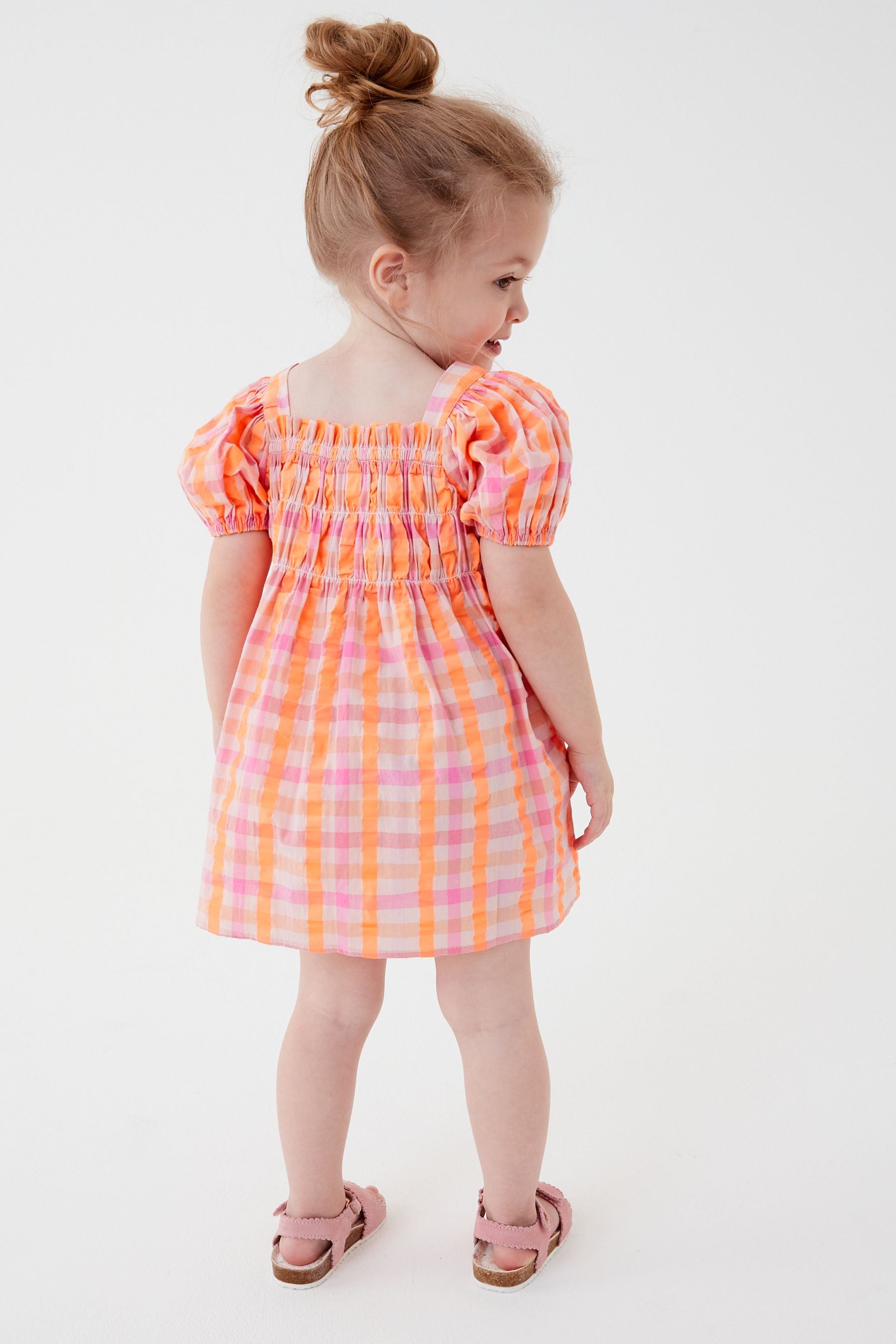 Orange/Pink Balloon Sleeve Check Dress (3mths-7yrs)