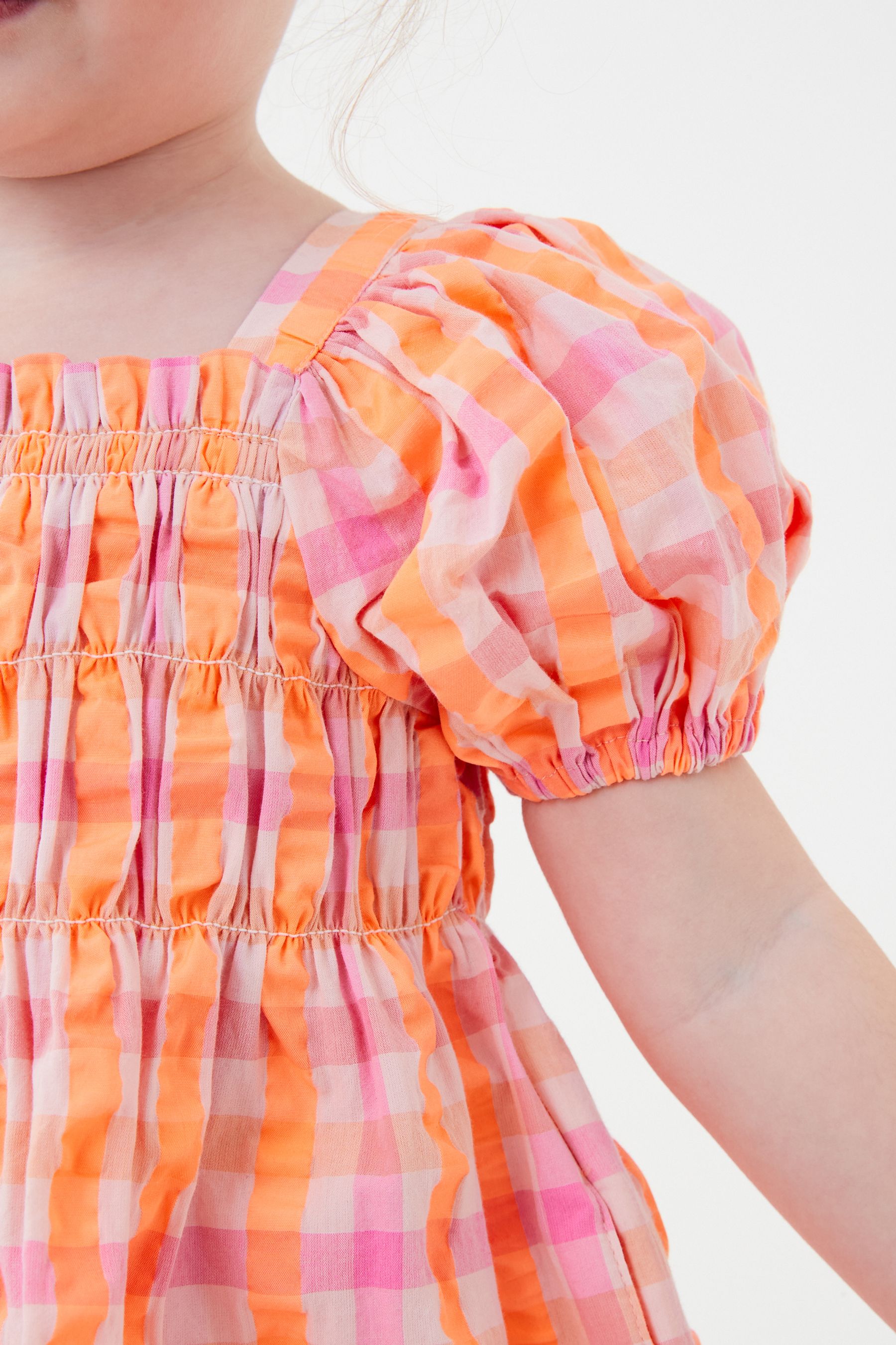 Orange/Pink Balloon Sleeve Check Dress (3mths-7yrs)