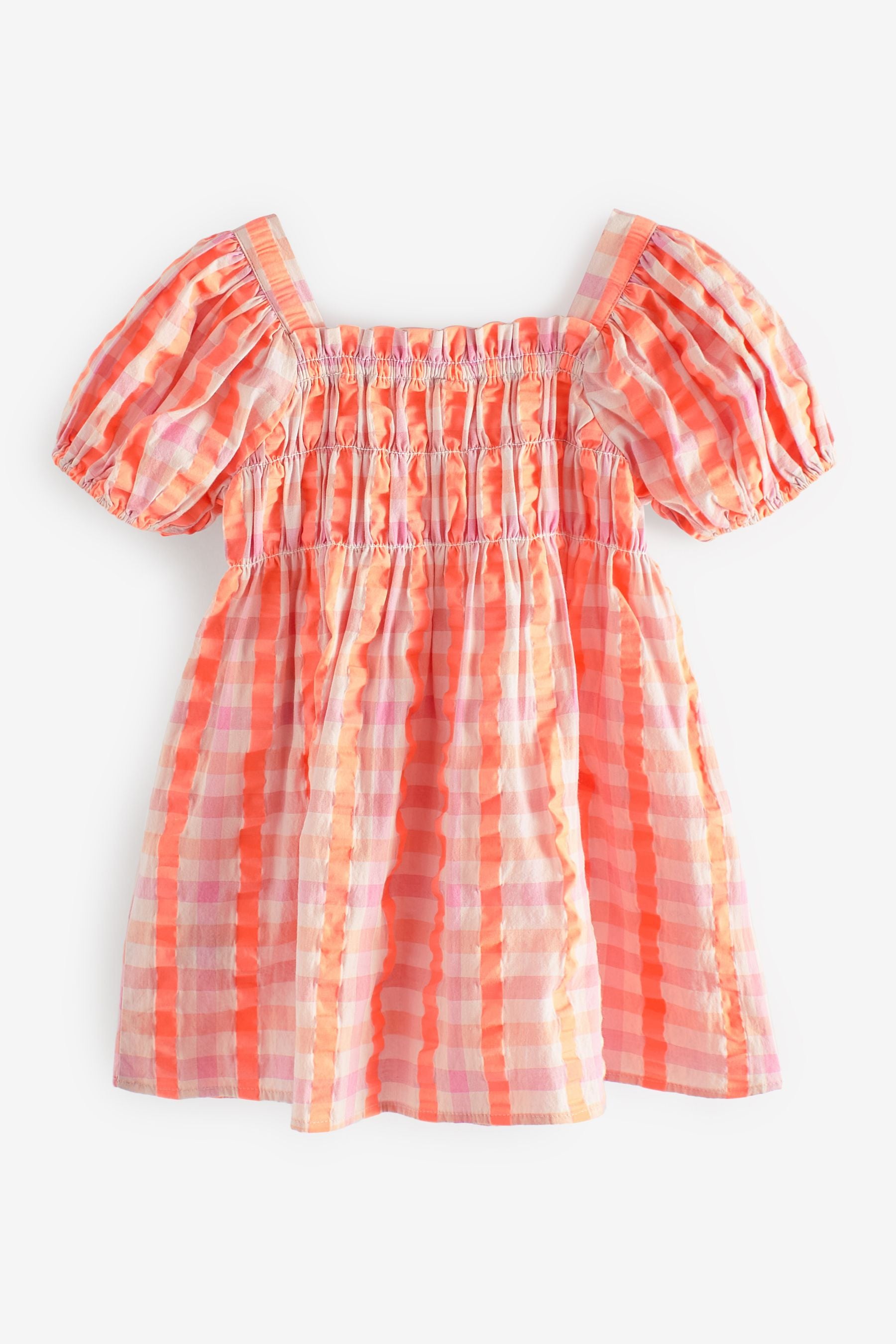 Orange/Pink Balloon Sleeve Check Dress (3mths-7yrs)