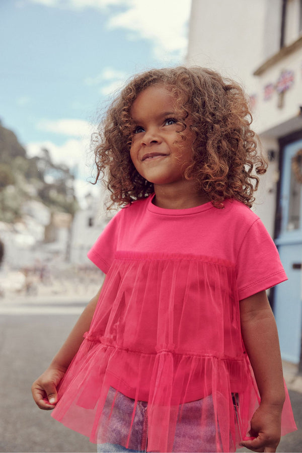 Bright Pink Short Sleeve Mesh Detail Party Top (3mths-7yrs)